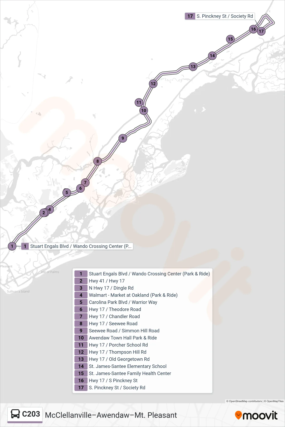 C203 tram Line (Mcclellanville) route and stops on a map