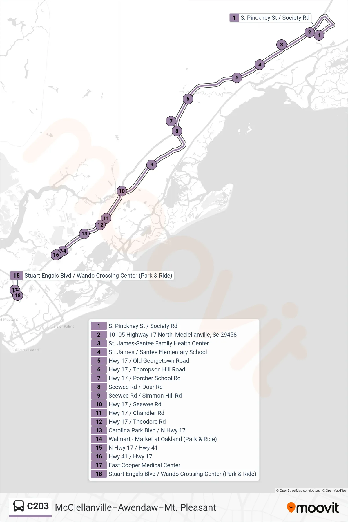 C203 tram Line (Mt. Pleasant) route and stops on a map