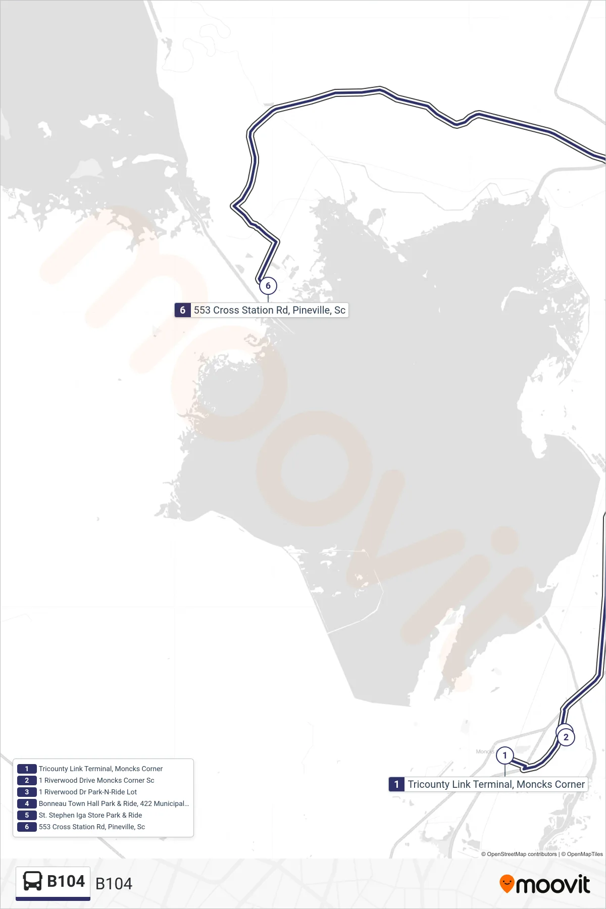 B104 tram Line (B104) route and stops on a map