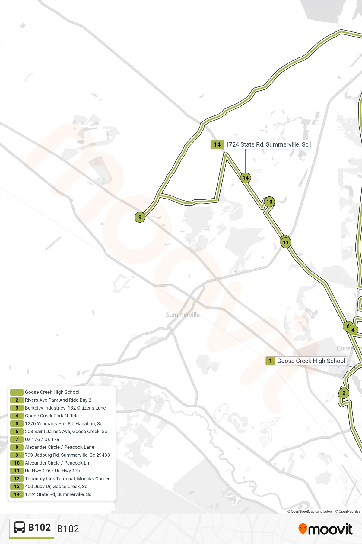 B102 tram Line (B102) route and stops on a map