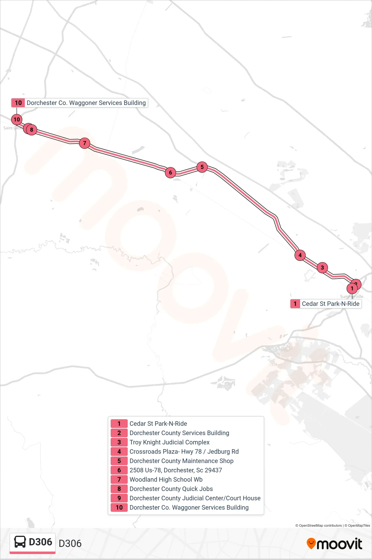 D306 tram Line (D306) route and stops on a map