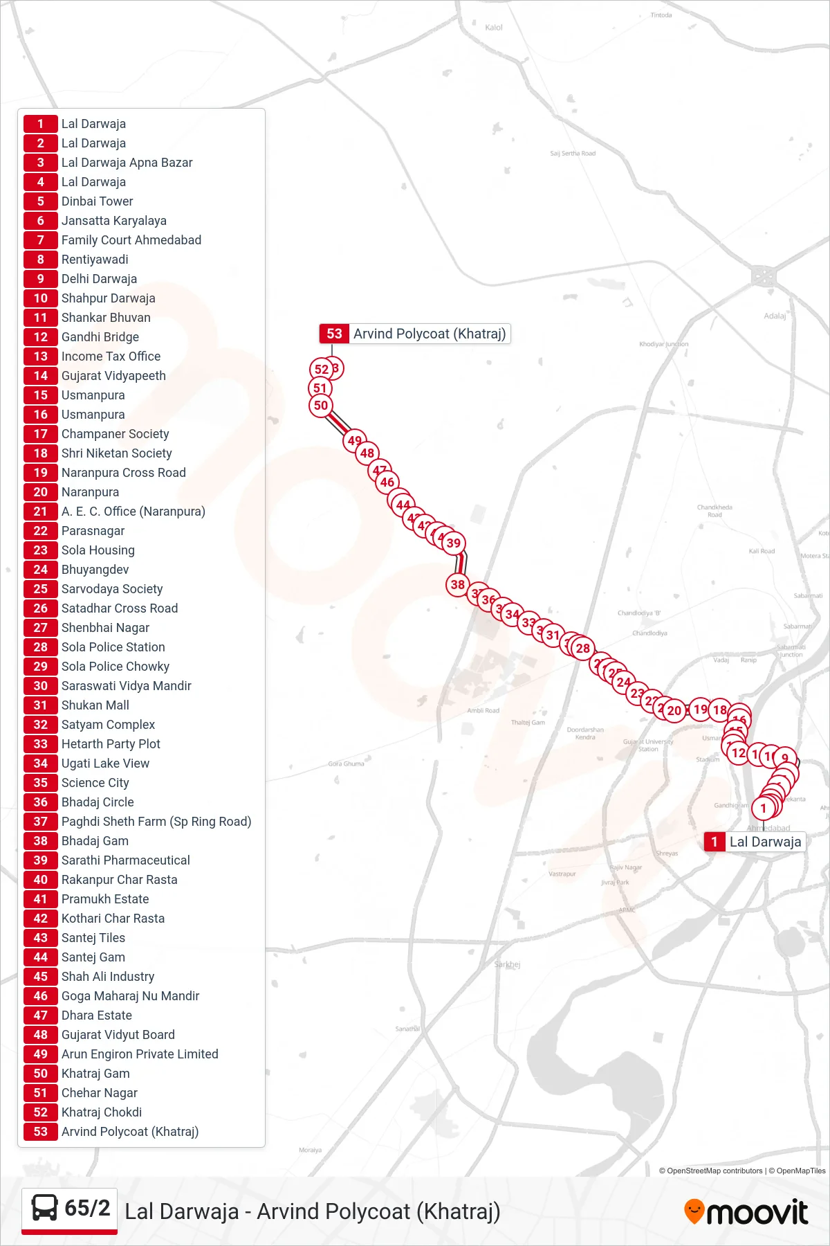 65/2 bus Line (Arvind Polycoat (Khatraj)) route and stops on a map