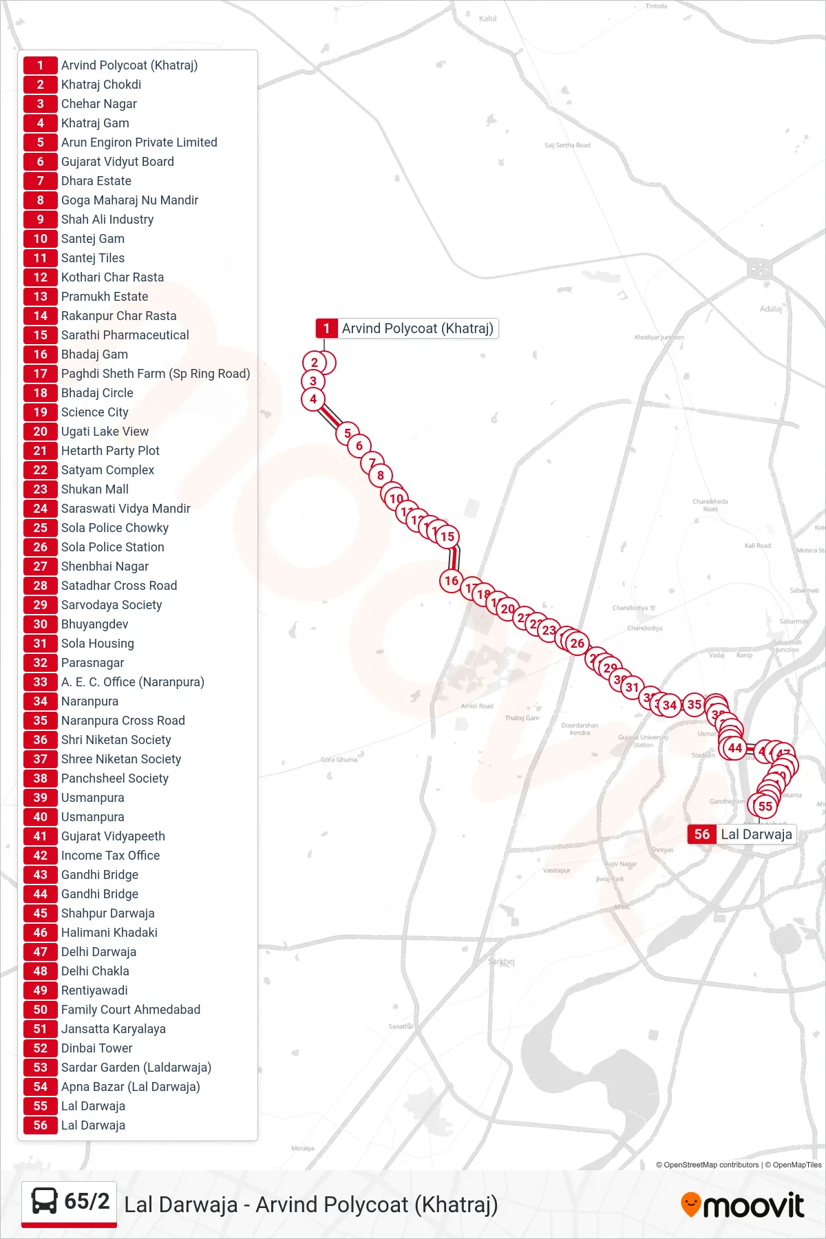 65/2 bus Line (Lal Darwaja) route and stops on a map