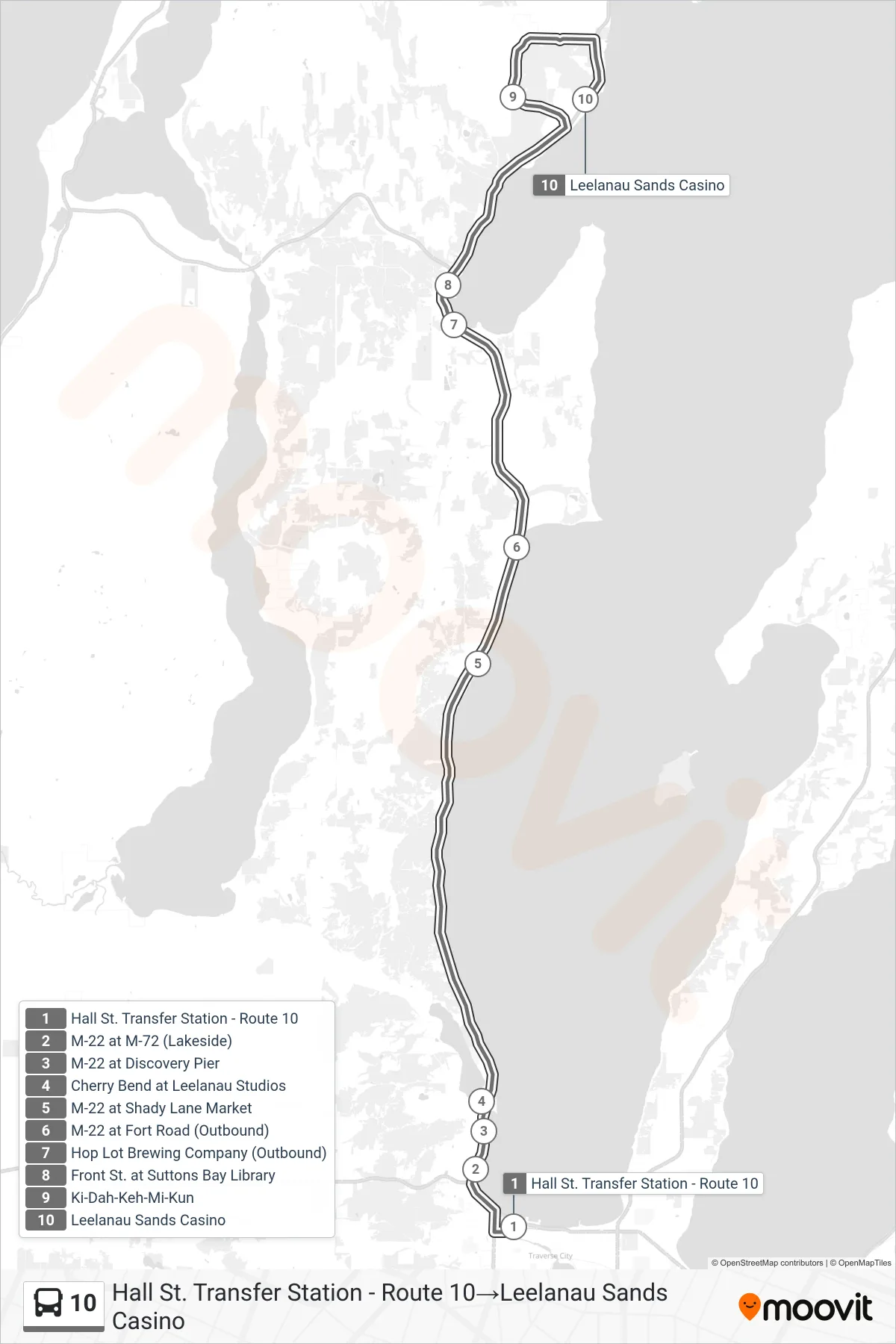10 bus Line (Hall St. Transfer Station - Route 10→Leelanau Sands Casino) route and stops on a map
