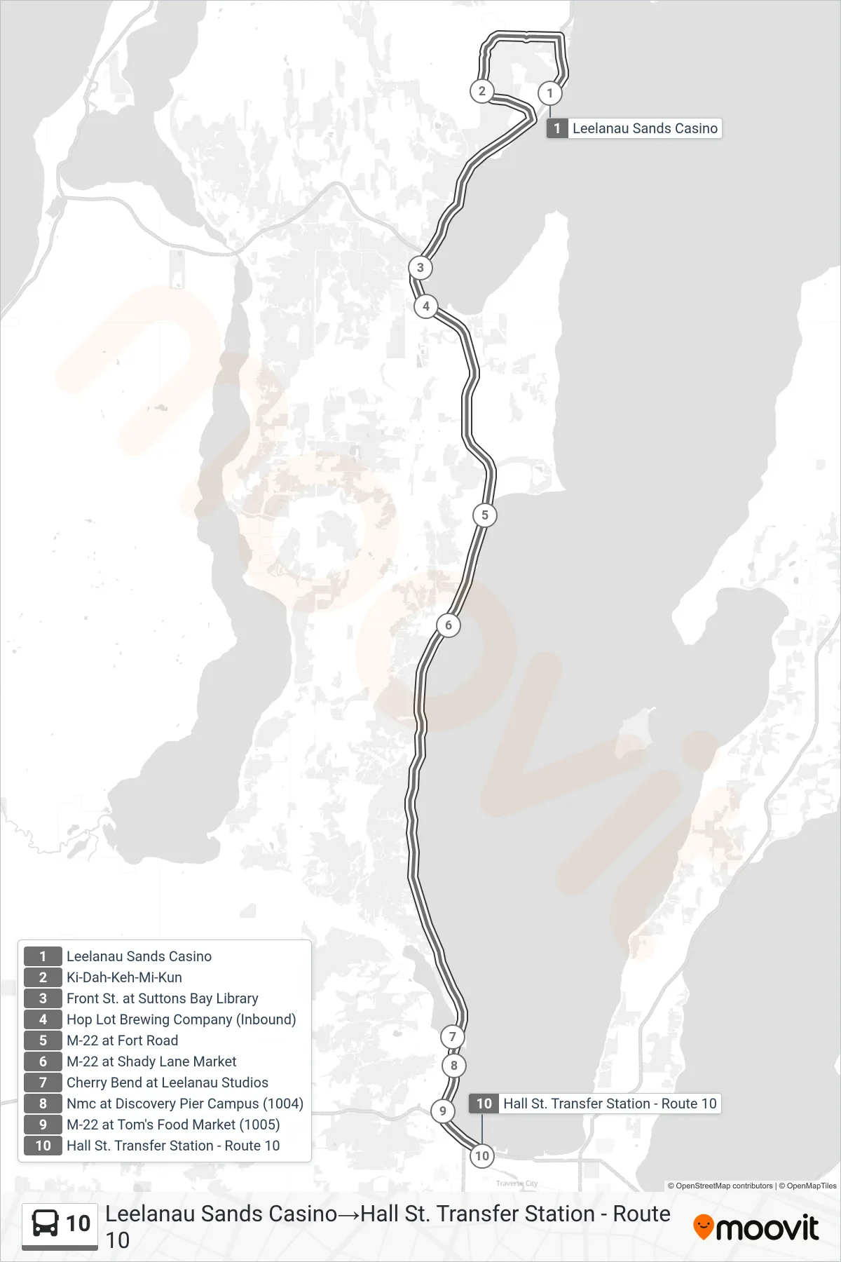 10 bus Line (Leelanau Sands Casino→Hall St. Transfer Station - Route 10) route and stops on a map