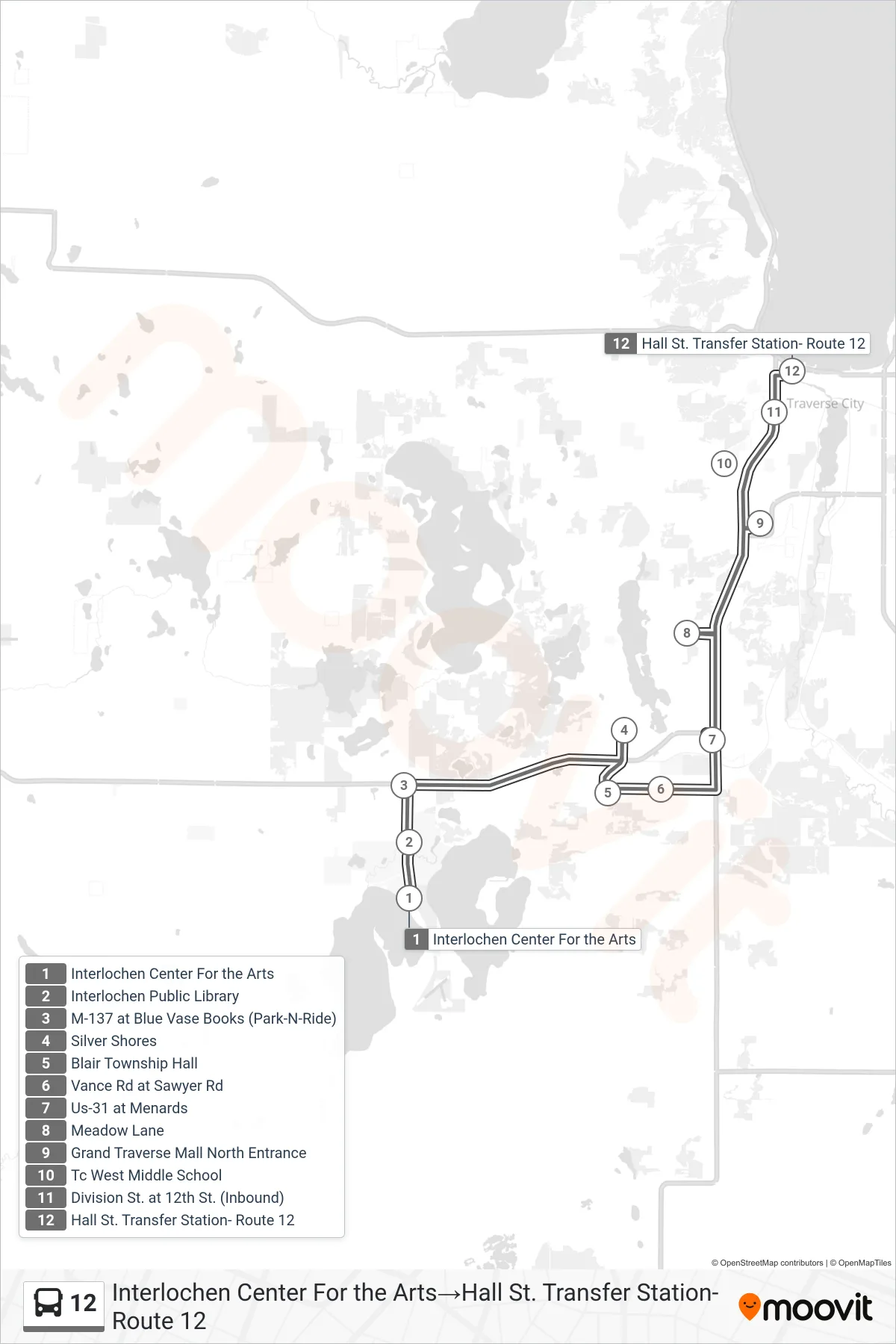 12 bus Line (Interlochen Center For the Arts‎→Hall St. Transfer Station- Route 12) route and stops on a map
