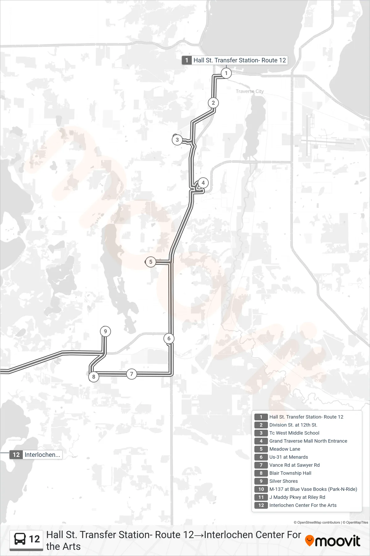 12 bus Line (Hall St. Transfer Station- Route 12→Interlochen Center For the Arts) route and stops on a map