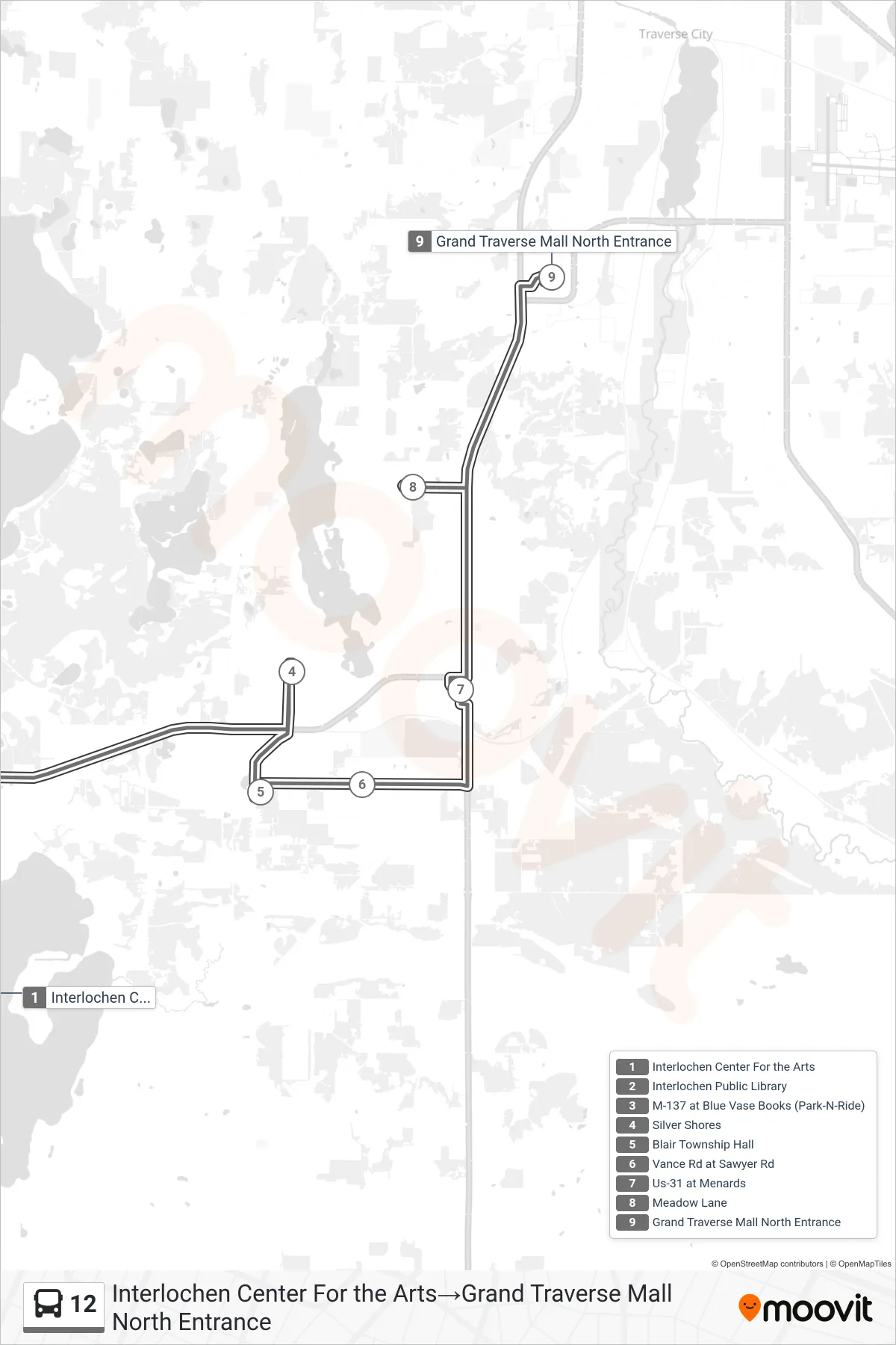 12 bus Line (Interlochen Center For the Arts→Grand Traverse Mall North Entrance) route and stops on a map