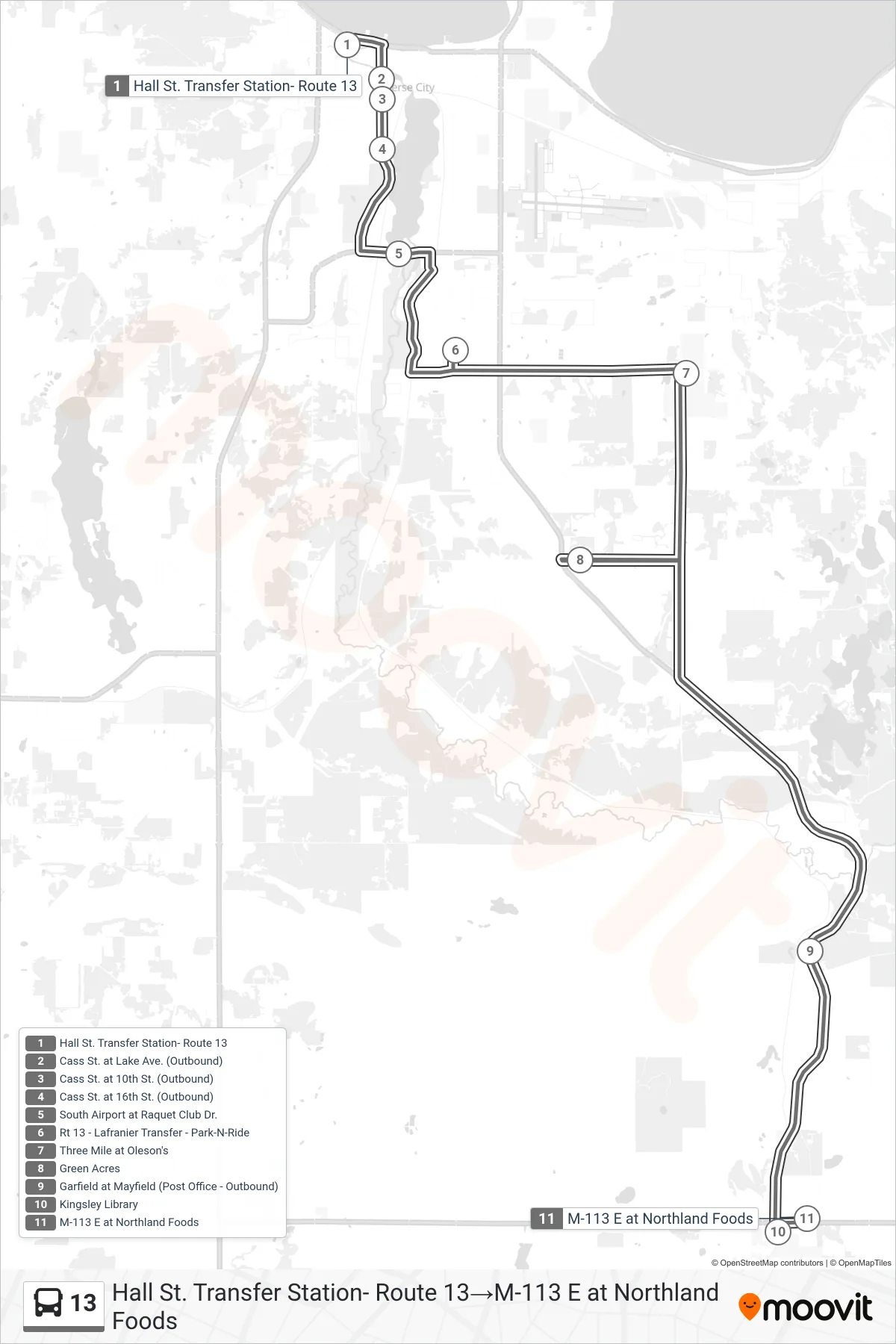 13 bus Line (Hall St. Transfer Station- Route 13→M-113 E at Northland Foods) route and stops on a map