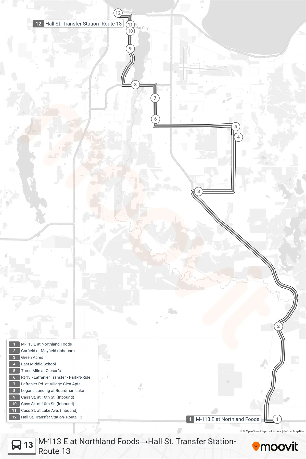 13 bus Line (M-113 E at Northland Foods‎→Hall St. Transfer Station- Route 13) route and stops on a map