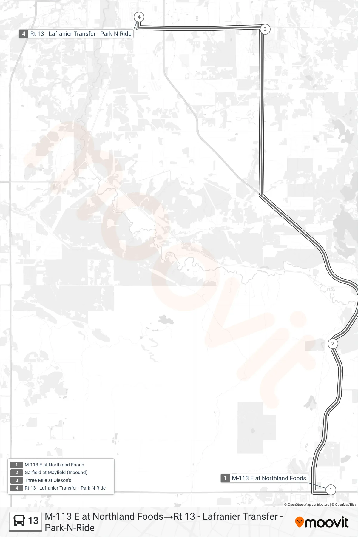 13 bus Line (M-113 E at Northland Foods→Rt 13 - Lafranier Transfer - Park-N-Ride) route and stops on a map