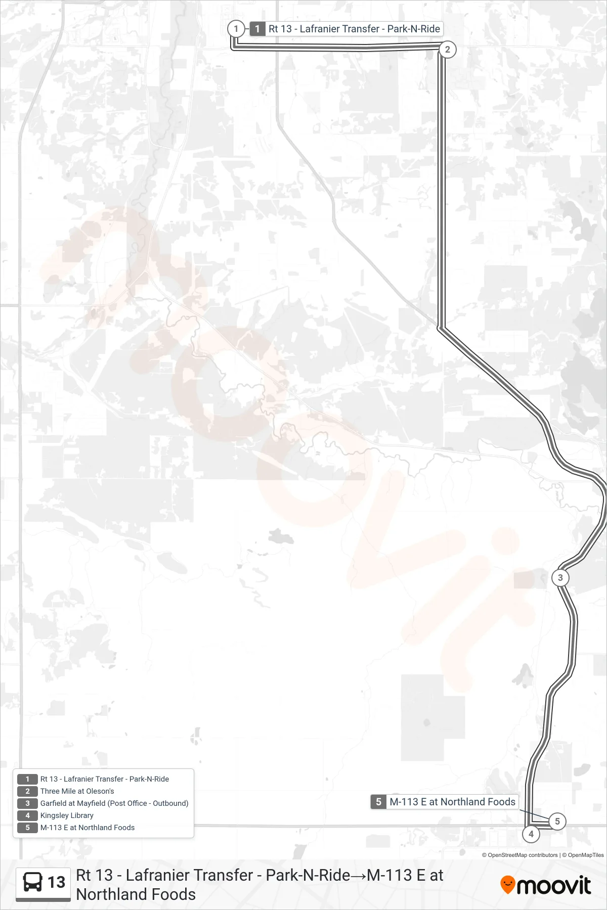 13 bus Line (Rt 13 - Lafranier Transfer - Park-N-Ride→M-113 E at Northland Foods) route and stops on a map