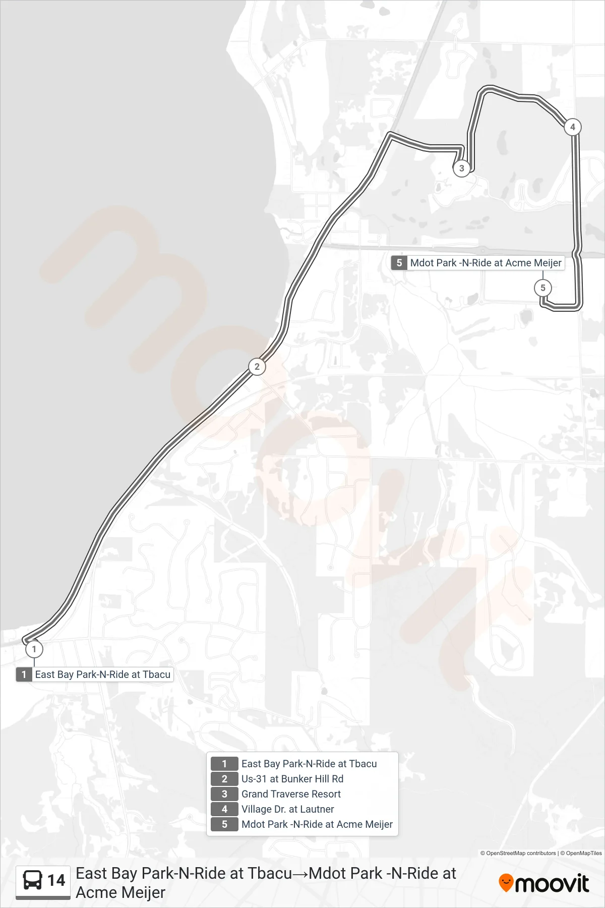 14 bus Line (East Bay Park-N-Ride at Tbacu→Mdot Park -N-Ride at Acme Meijer) route and stops on a map