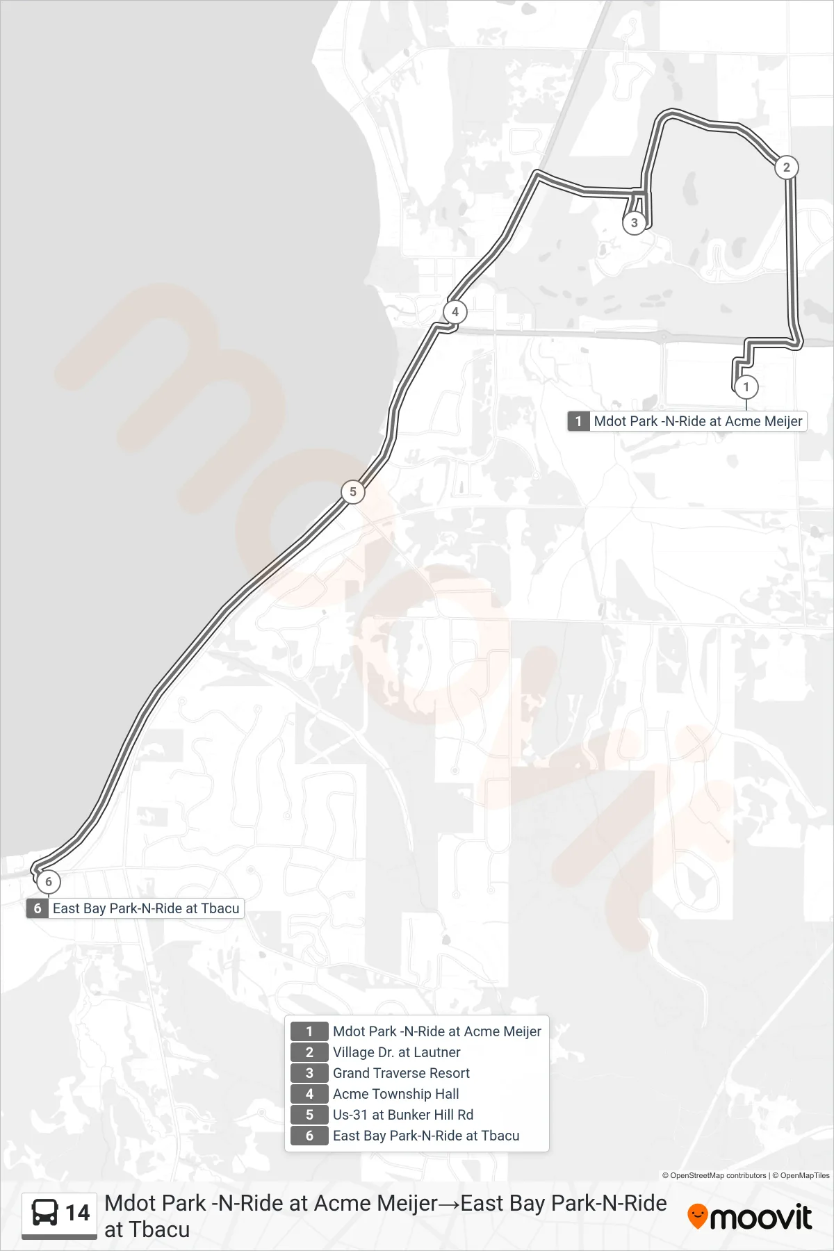 14 bus Line (Mdot Park -N-Ride at Acme Meijer→East Bay Park-N-Ride at Tbacu) route and stops on a map