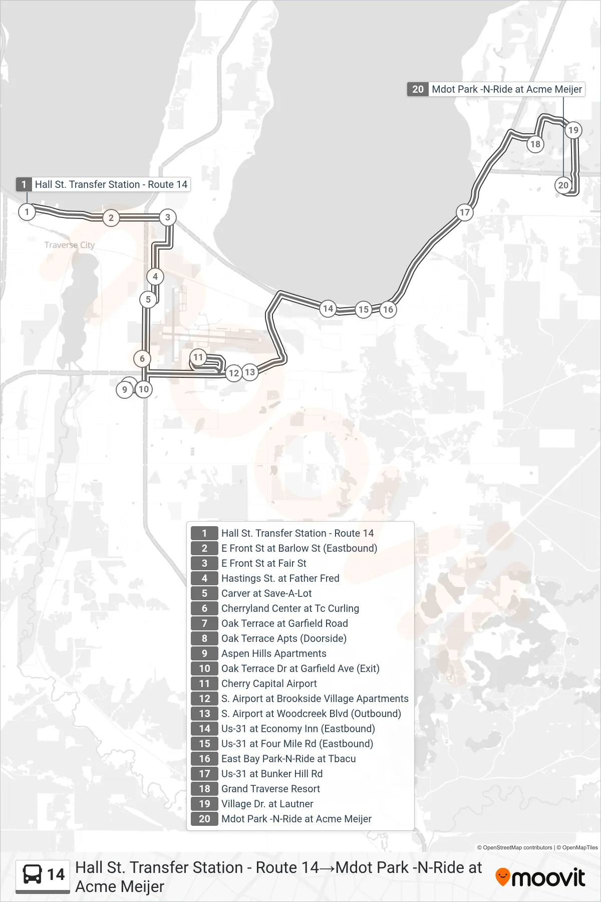14 bus Line (Hall St. Transfer Station - Route 14→Mdot Park -N-Ride at Acme Meijer) route and stops on a map