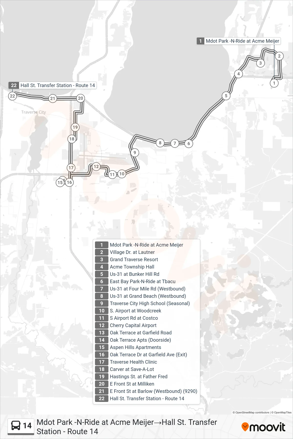 14 bus Line (Mdot Park -N-Ride at Acme Meijer→Hall St. Transfer Station - Route 14) route and stops on a map