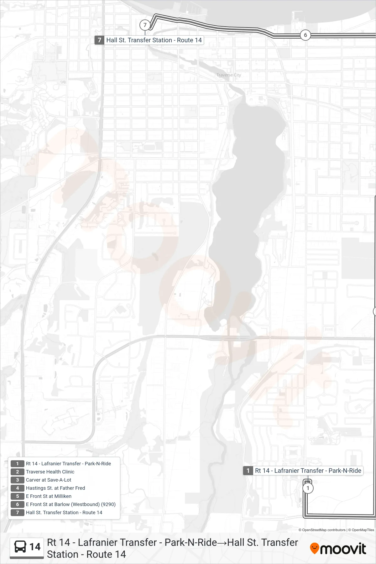 14 bus Line (Rt 14 - Lafranier Transfer - Park-N-Ride→Hall St. Transfer Station - Route 14) route and stops on a map