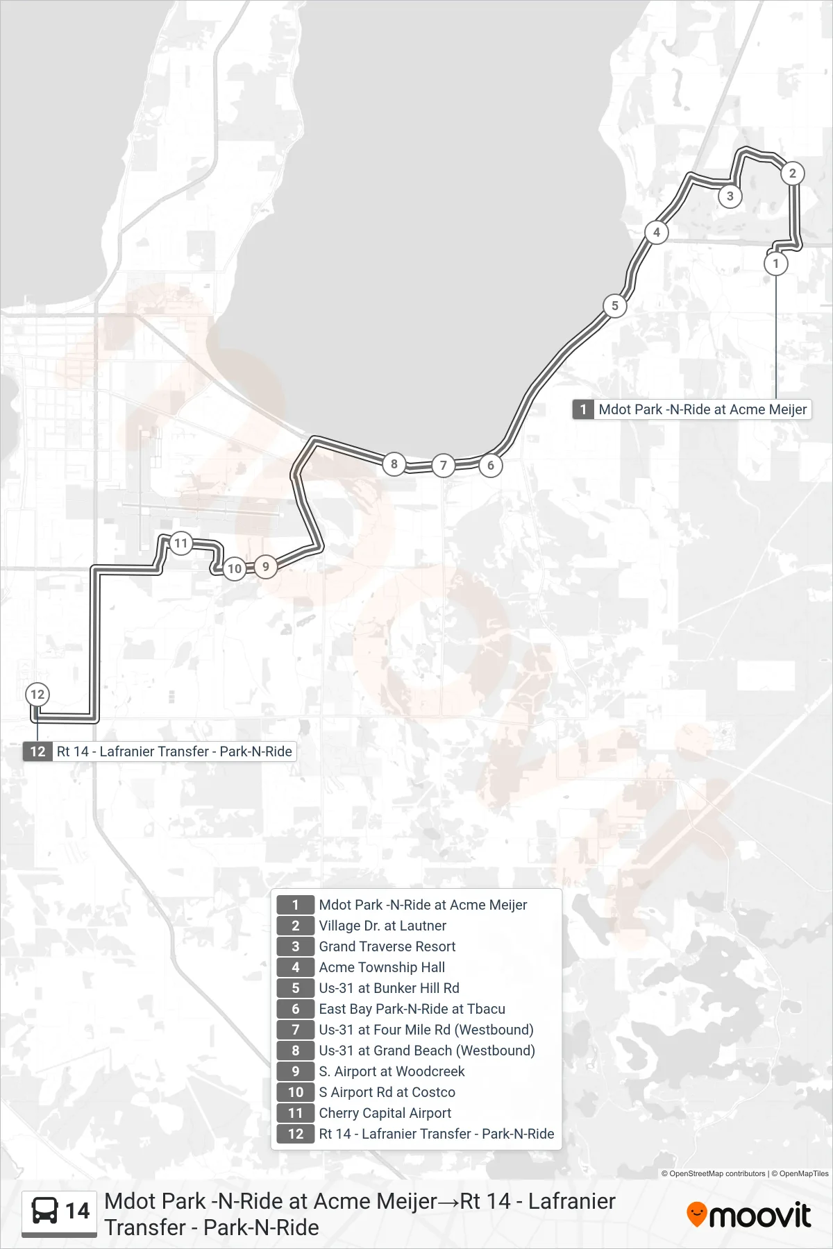14 bus Line (Mdot Park -N-Ride at Acme Meijer‎→Rt 14 - Lafranier Transfer - Park-N-Ride) route and stops on a map