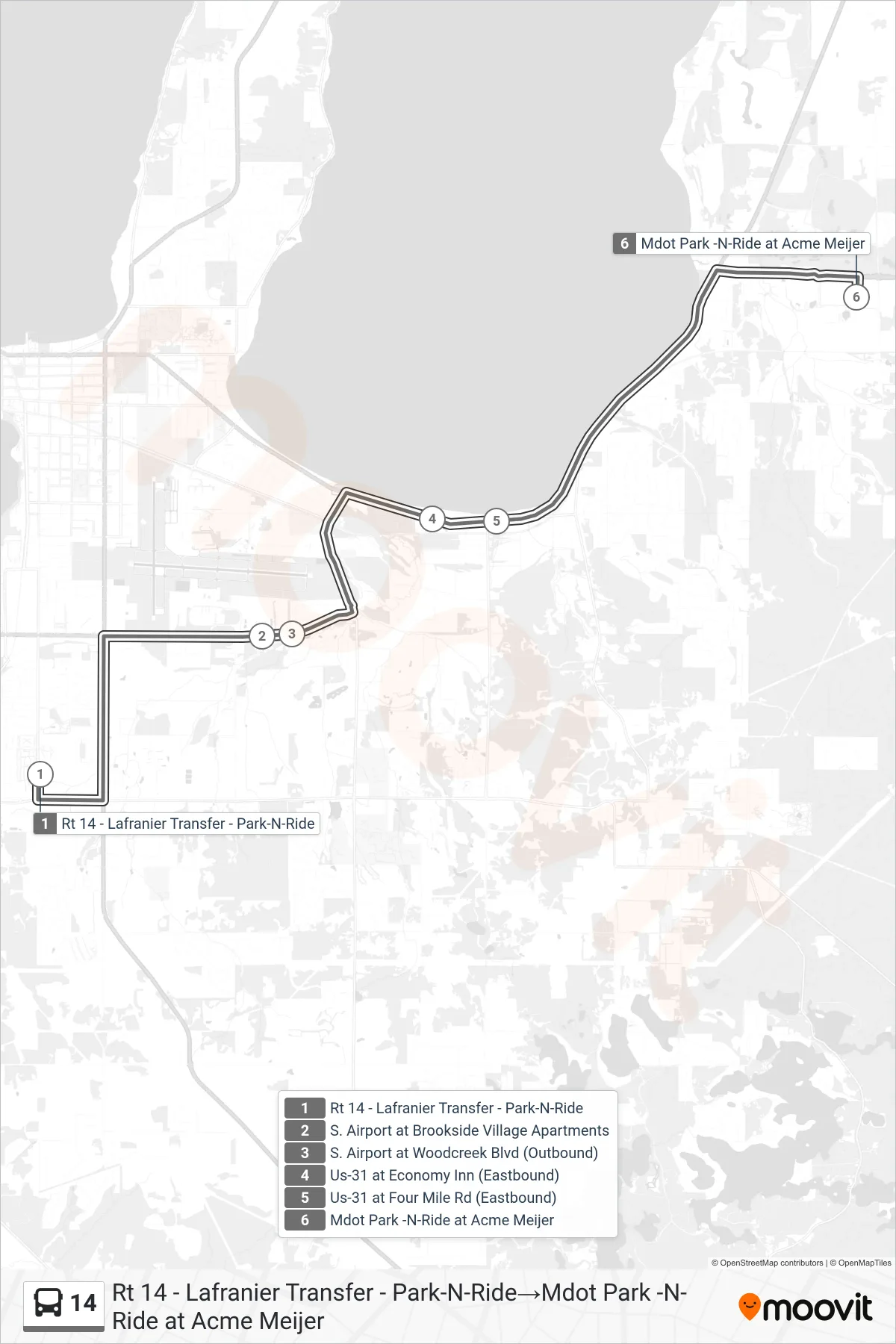 14 bus Line (Rt 14 - Lafranier Transfer - Park-N-Ride→Mdot Park -N-Ride at Acme Meijer) route and stops on a map