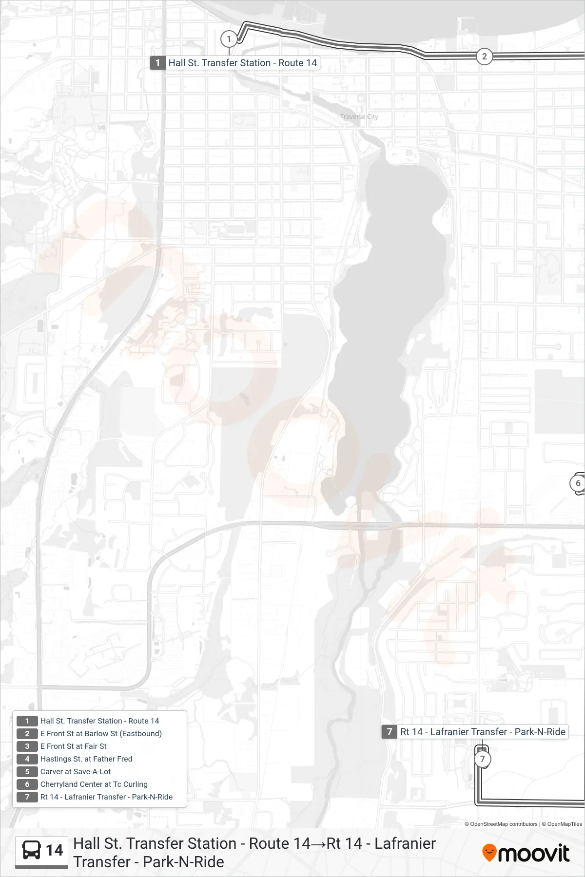 14 bus Line (Hall St. Transfer Station - Route 14→Rt 14 - Lafranier Transfer - Park-N-Ride) route and stops on a map