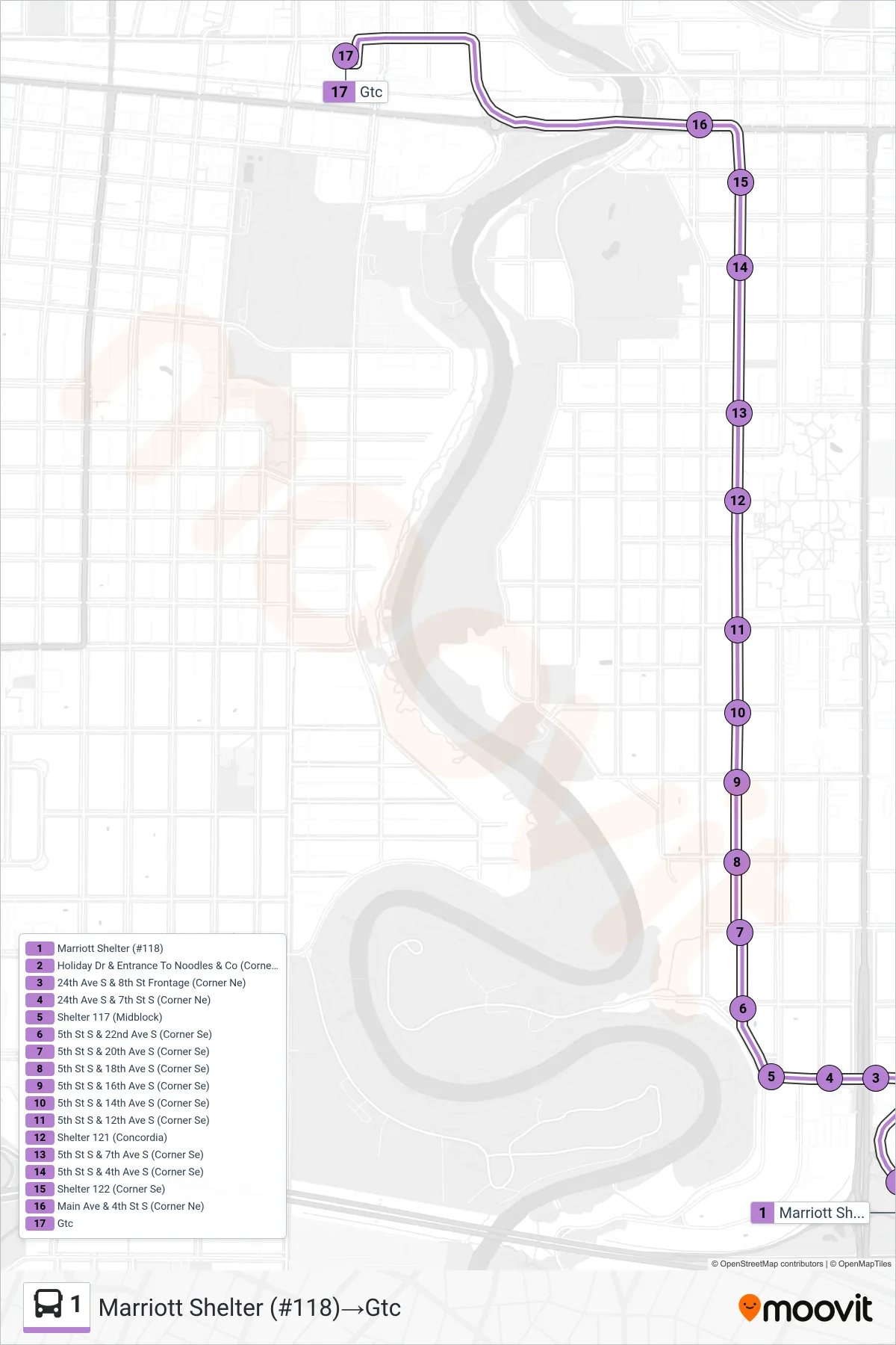 1 bus Line (Marriott Shelter (#118)→Gtc) route and stops on a map