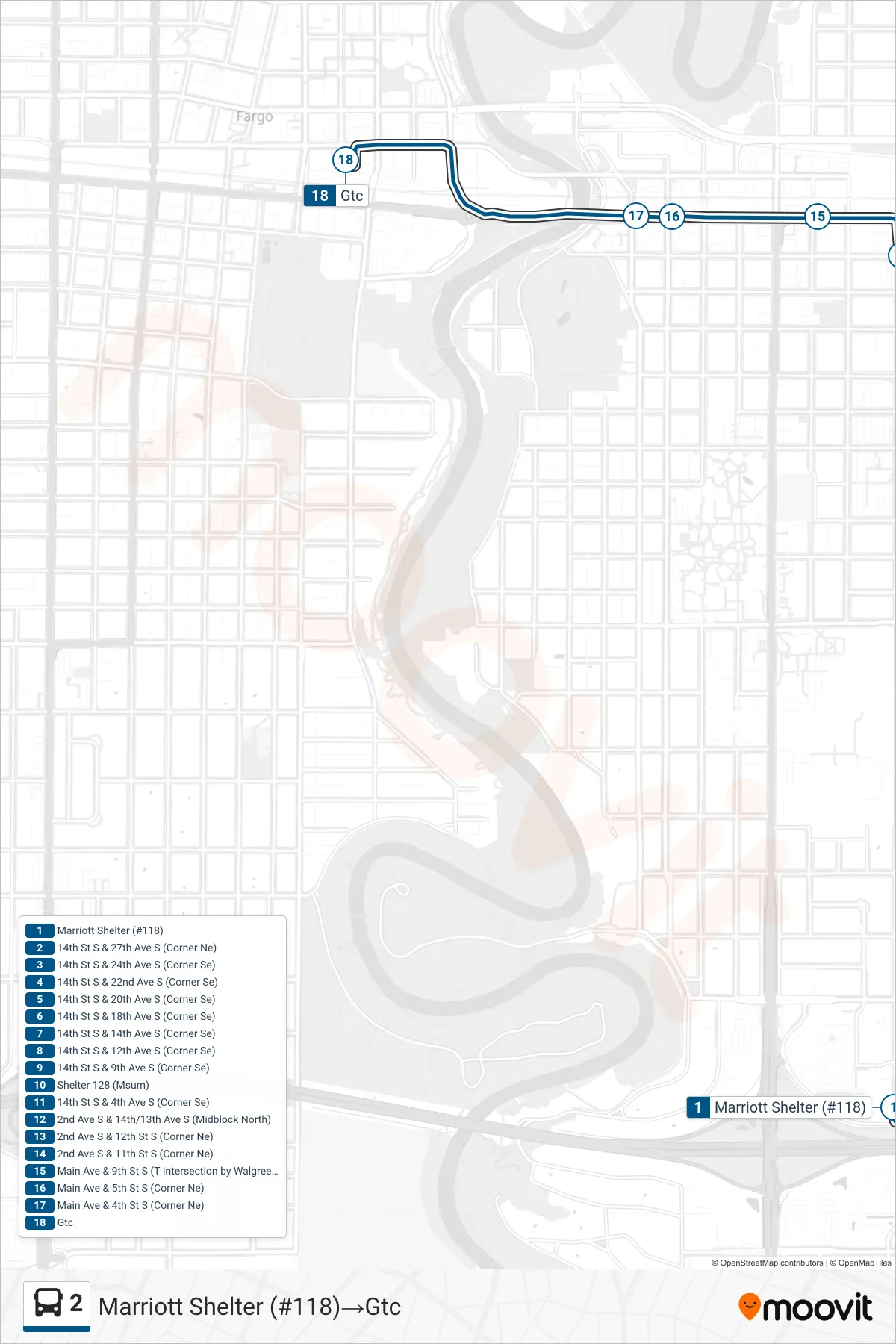 2 bus Line (Marriott Shelter (#118)‎→Gtc) route and stops on a map