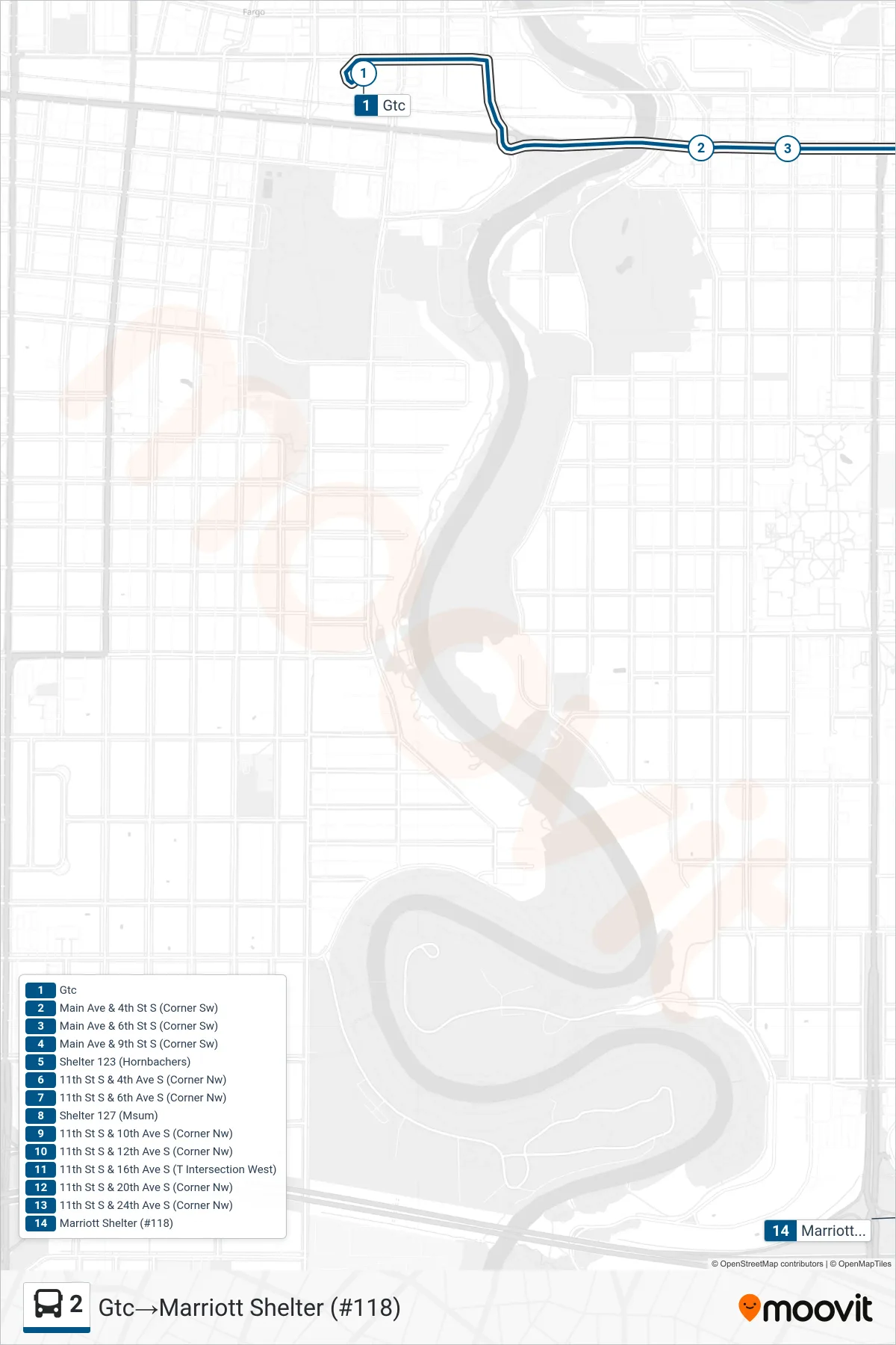 2 bus Line (Gtc→Marriott Shelter (#118)) route and stops on a map