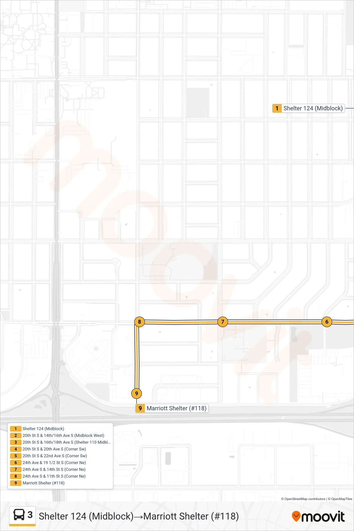 3 bus Line (Shelter 124 (Midblock)→Marriott Shelter (#118)) route and stops on a map