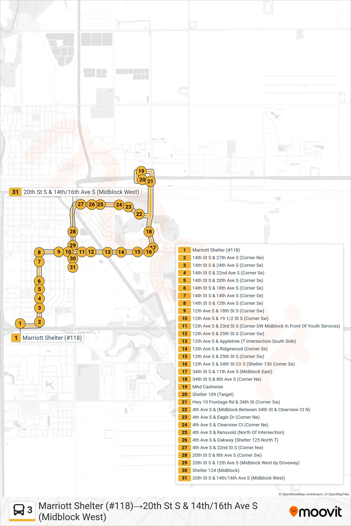 3 bus Line (Marriott Shelter (#118)→20th St S & 14th/16th Ave S (Midblock West)) route and stops on a map