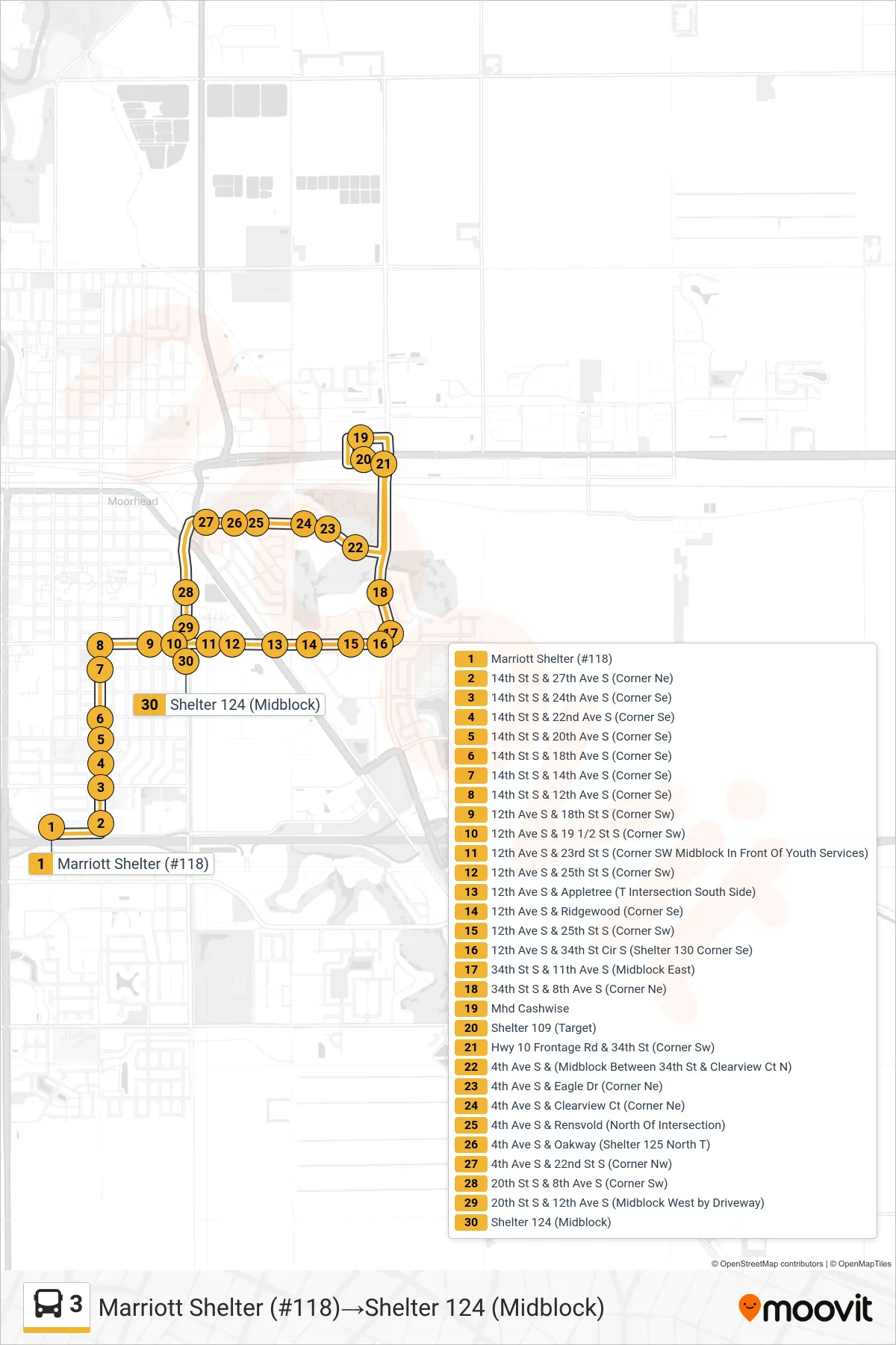 3 bus Line (Marriott Shelter (#118)→Shelter 124 (Midblock)) route and stops on a map