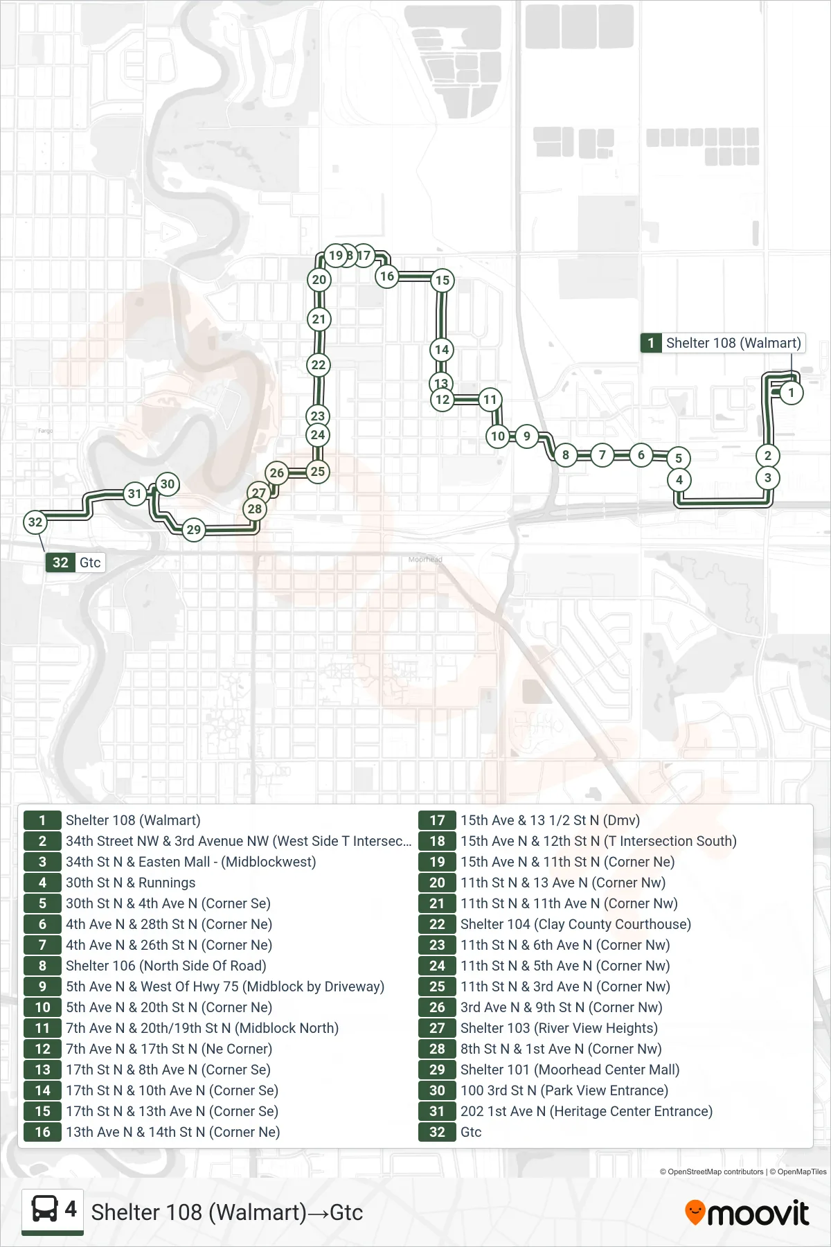 4 bus Line (Shelter 108 (Walmart)→Gtc) route and stops on a map
