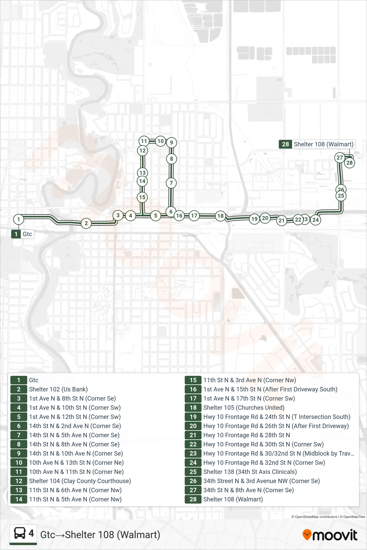 4 bus Line (Gtc‎→Shelter 108 (Walmart)) route and stops on a map