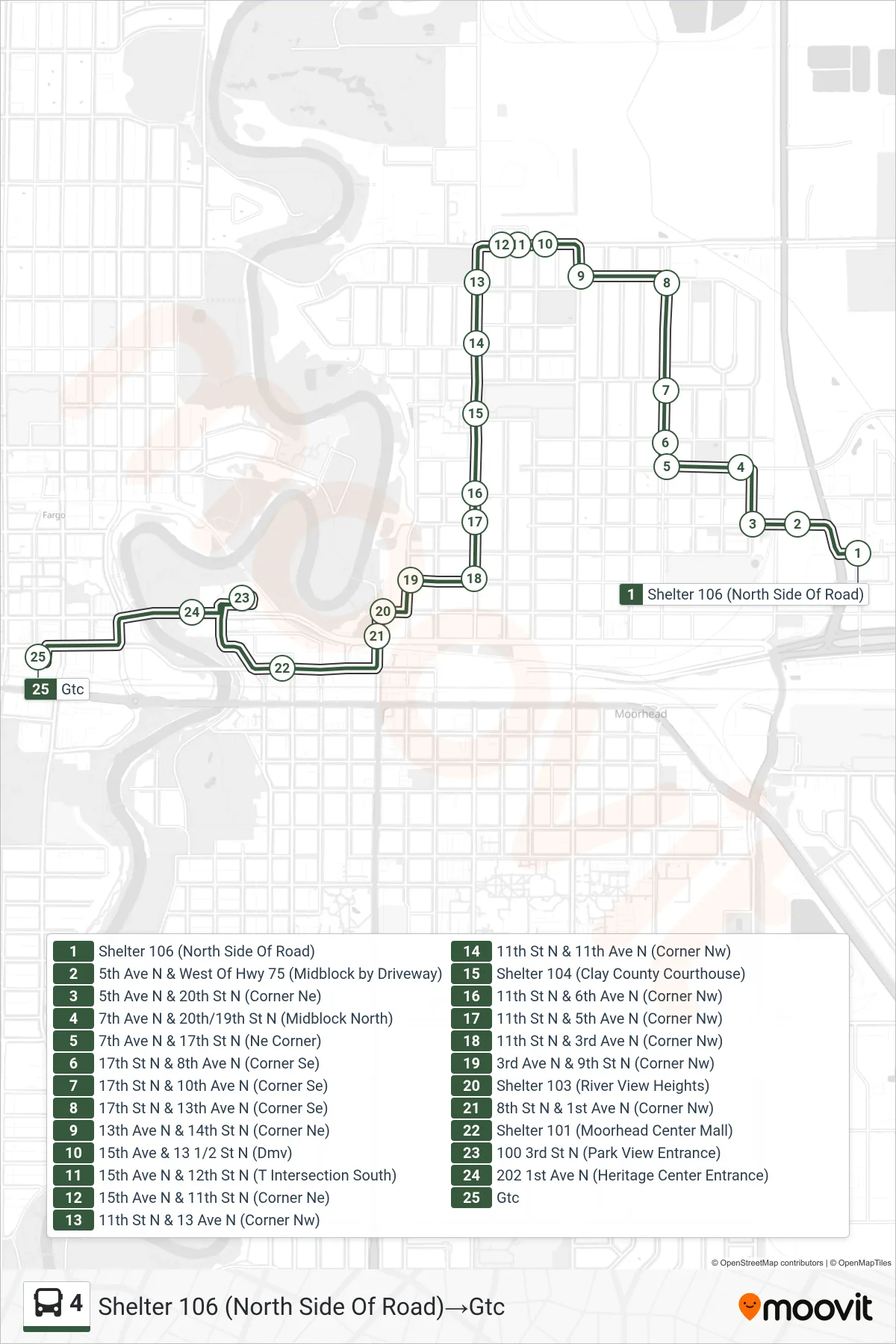 4 bus Line (Shelter 106 (North Side Of Road)‎→Gtc) route and stops on a map
