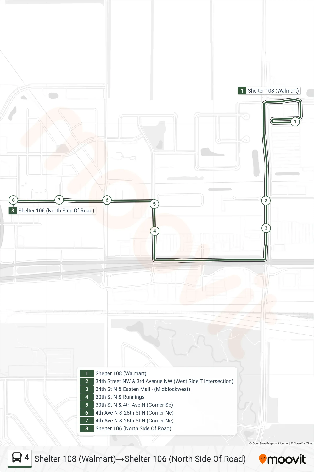 4 bus Line (Shelter 108 (Walmart)→Shelter 106 (North Side Of Road)) route and stops on a map