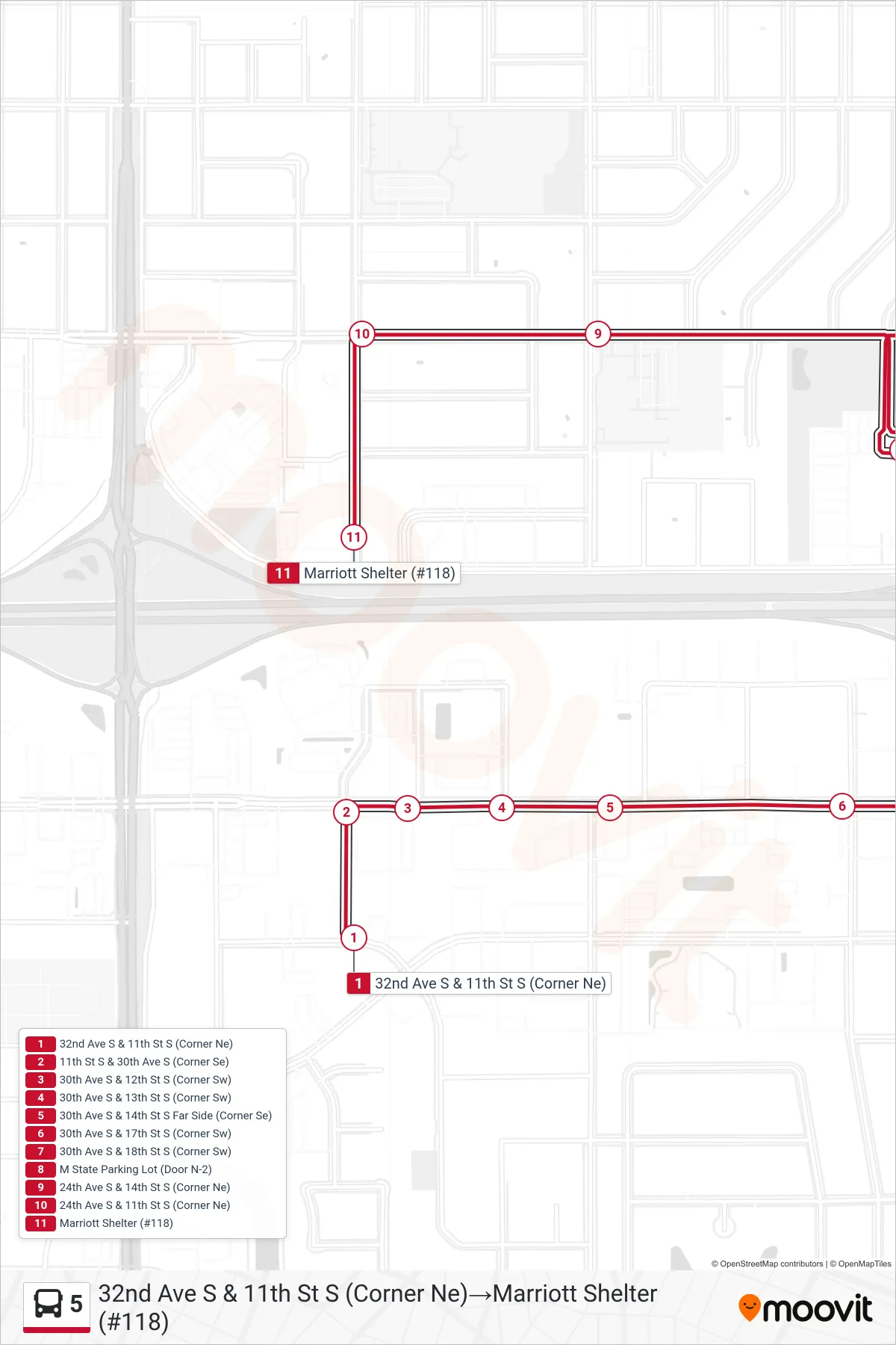 5 bus Line (32nd Ave S & 11th St S (Corner Ne)‎→Marriott Shelter (#118)) route and stops on a map