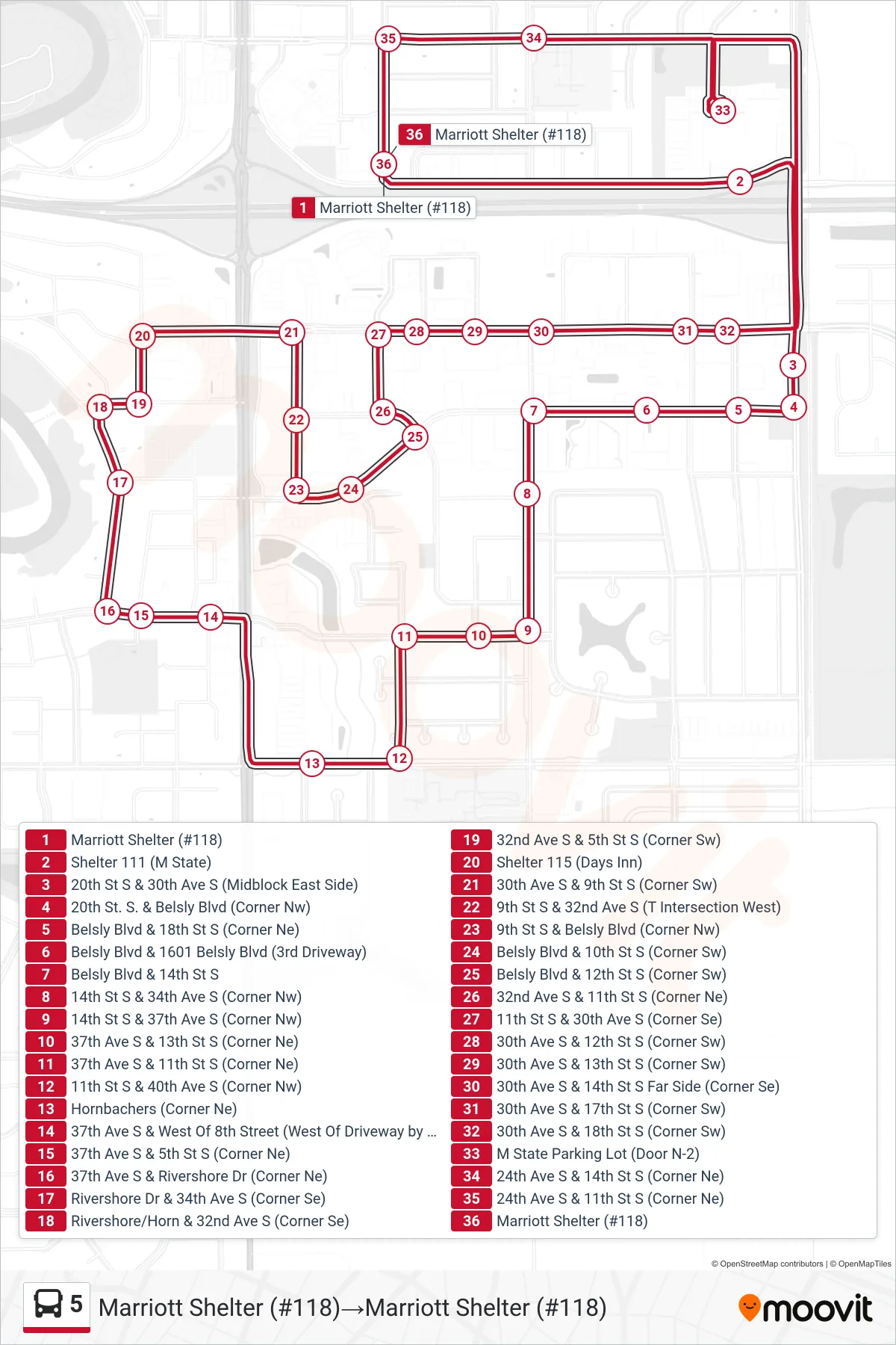 5 bus Line (Marriott Shelter (#118)→Marriott Shelter (#118)) route and stops on a map