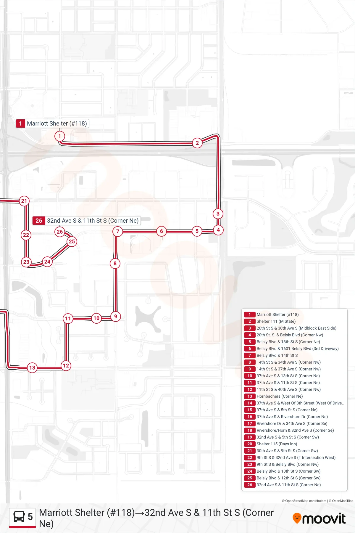 5 bus Line (Marriott Shelter (#118)→32nd Ave S & 11th St S (Corner Ne)) route and stops on a map