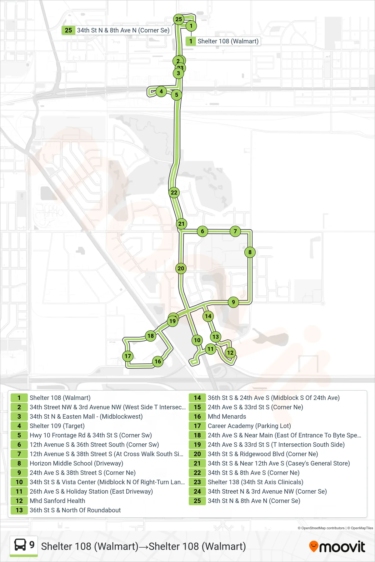 9 bus Line (Shelter 108 (Walmart)‎→Shelter 108 (Walmart)) route and stops on a map