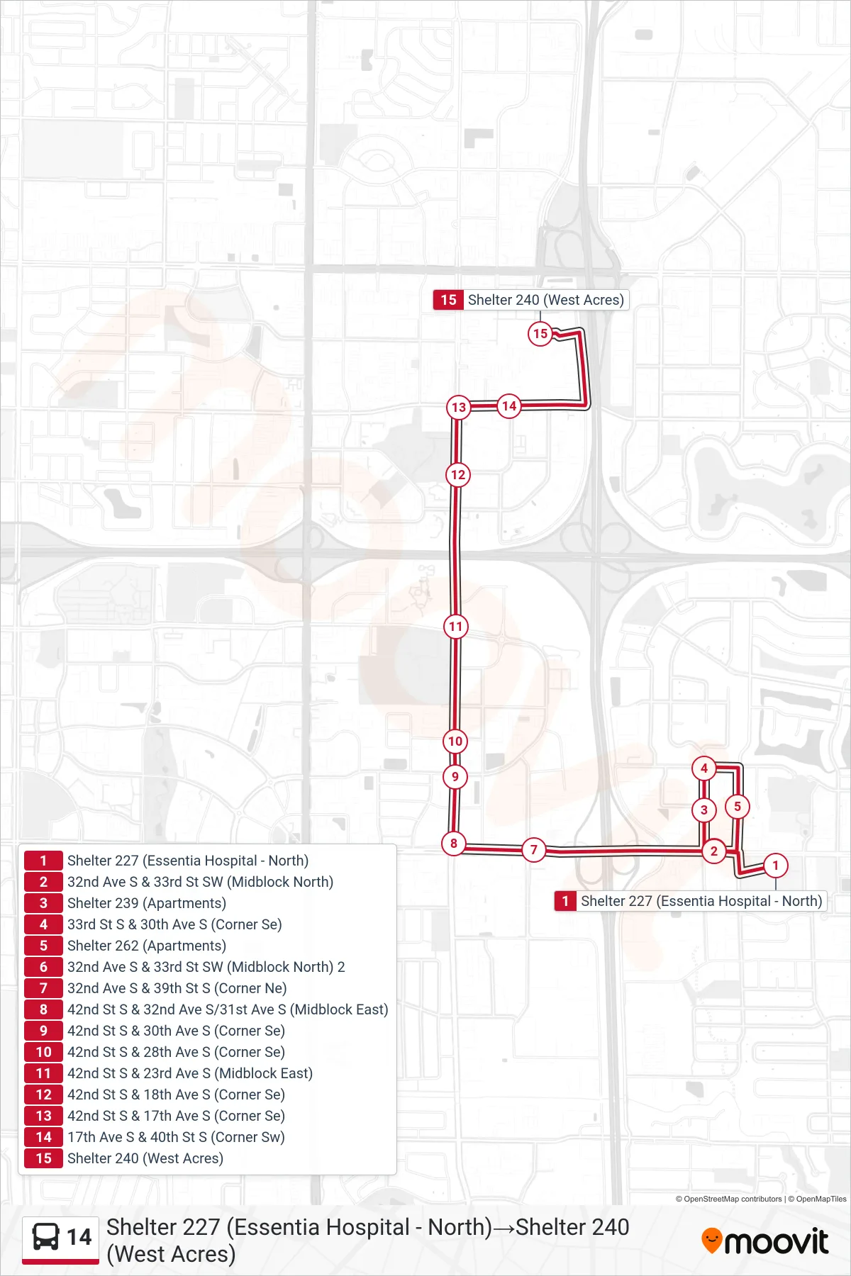 14 bus Line (Shelter 227 (Essentia Hospital - North)‎→Shelter 240 (West Acres)) route and stops on a map