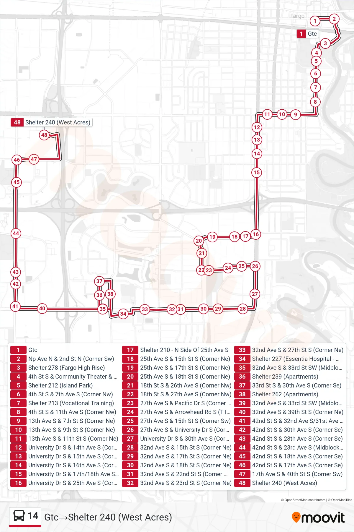 14 bus Line (Gtc→Shelter 240 (West Acres)) route and stops on a map