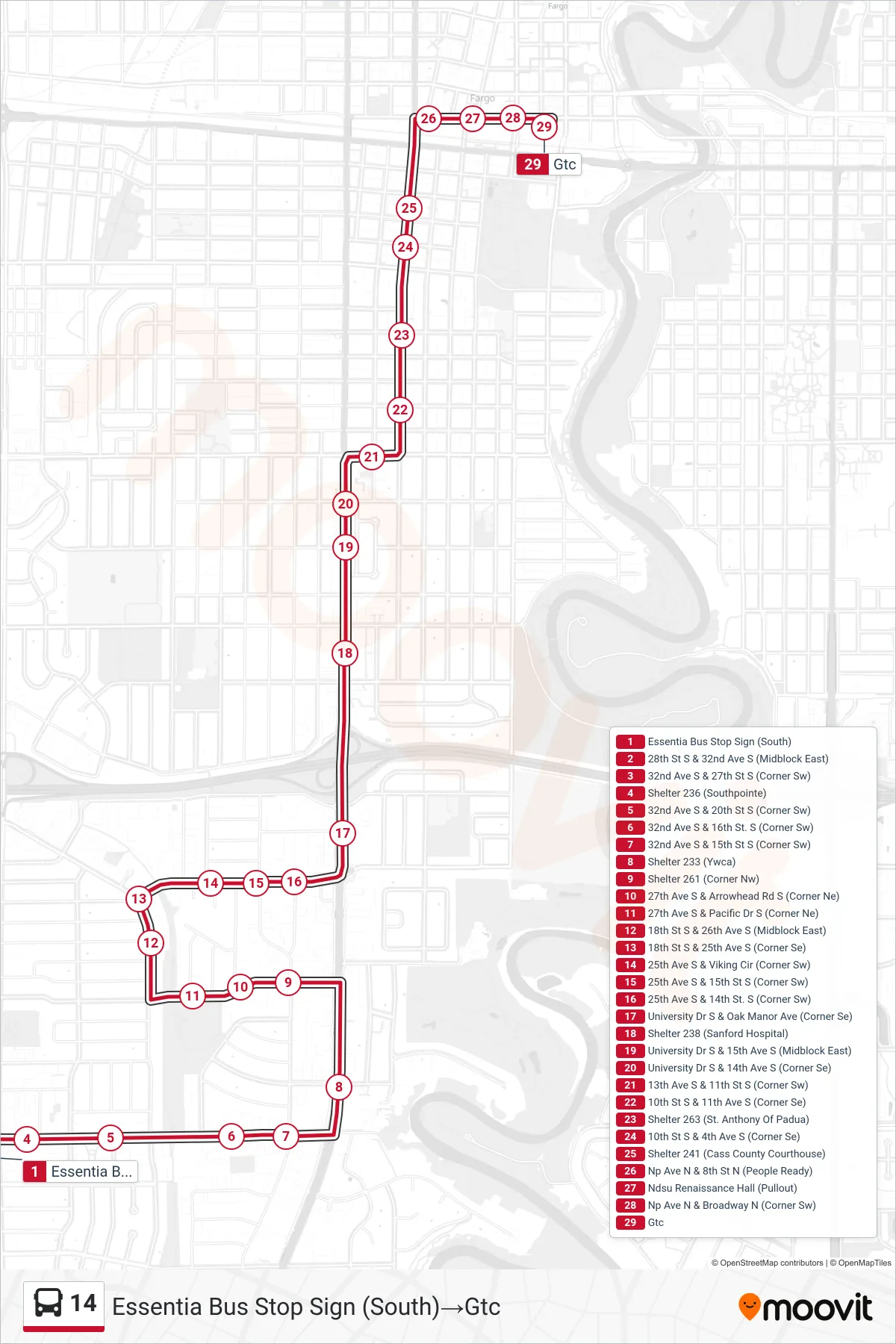 14 bus Line (Essentia Bus Stop Sign (South)→Gtc) route and stops on a map