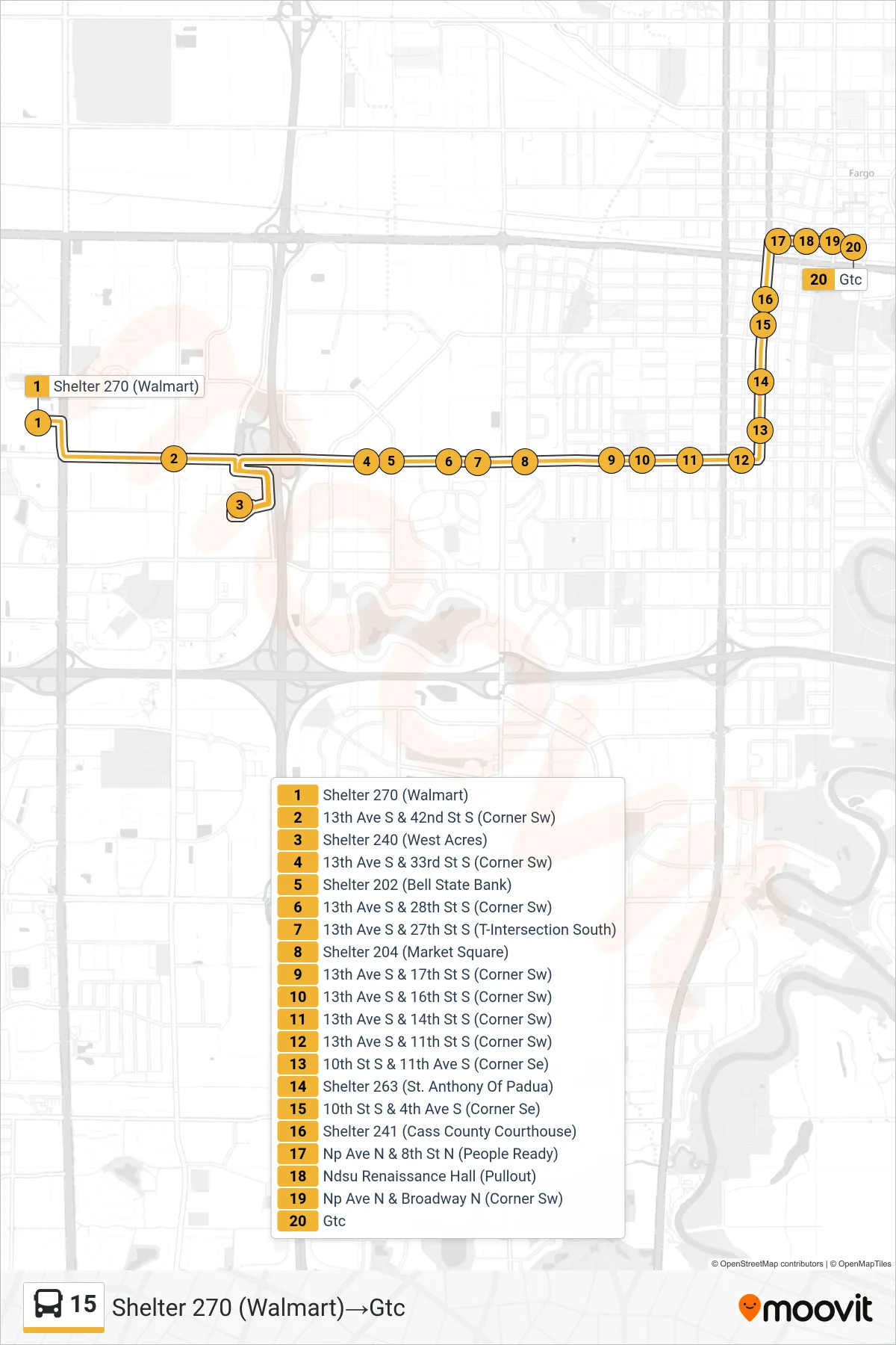 15 bus Line (Shelter 270 (Walmart)→Gtc) route and stops on a map