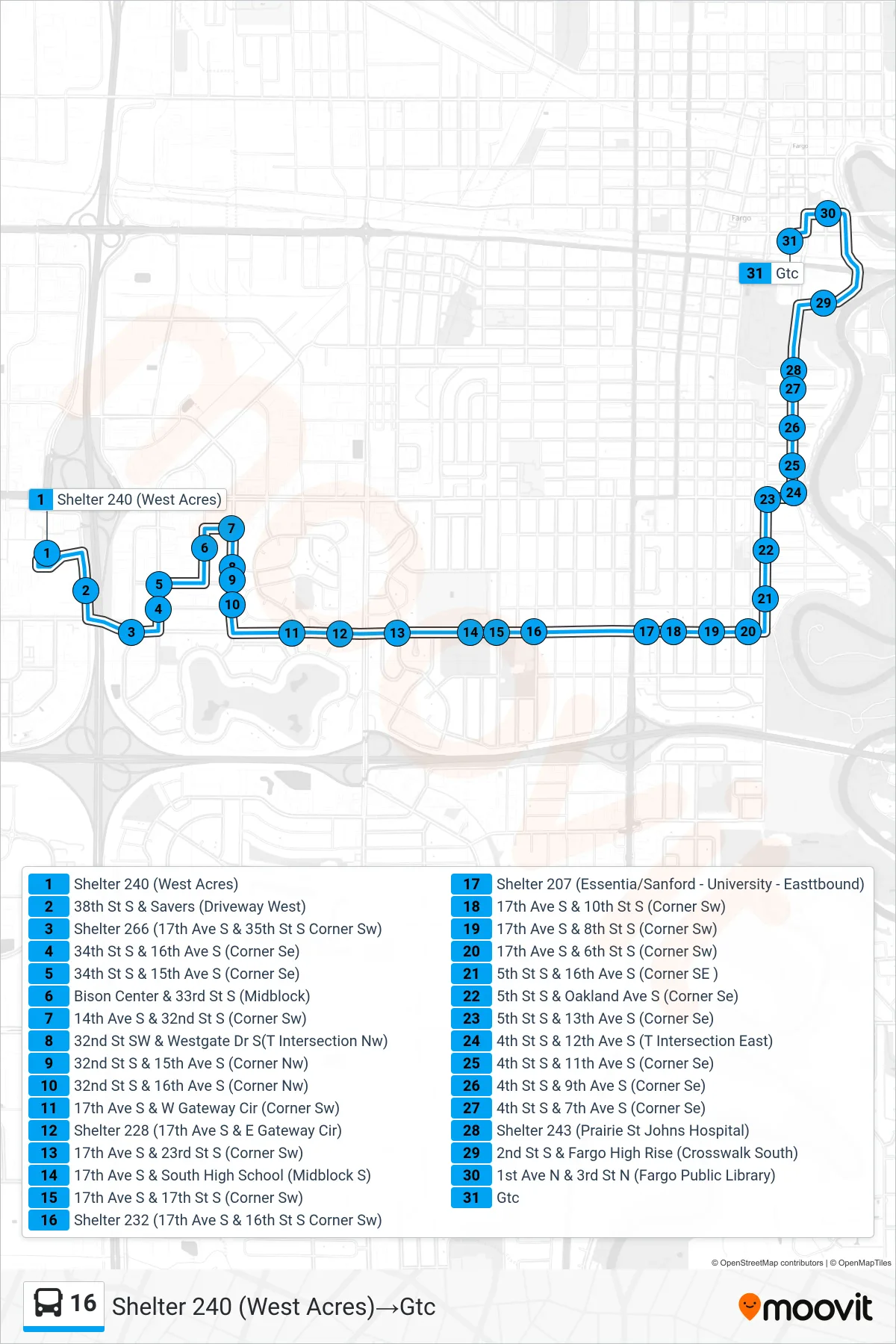 16 bus Line (Shelter 240 (West Acres)→Gtc) route and stops on a map
