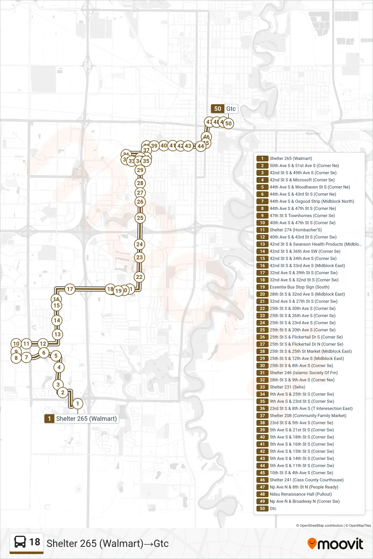18 bus Line (Shelter 265 (Walmart)→Gtc) route and stops on a map