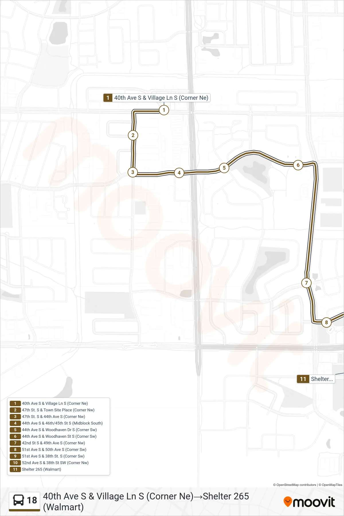 18 bus Line (40th Ave S & Village Ln S (Corner Ne)‎→Shelter 265 (Walmart)) route and stops on a map