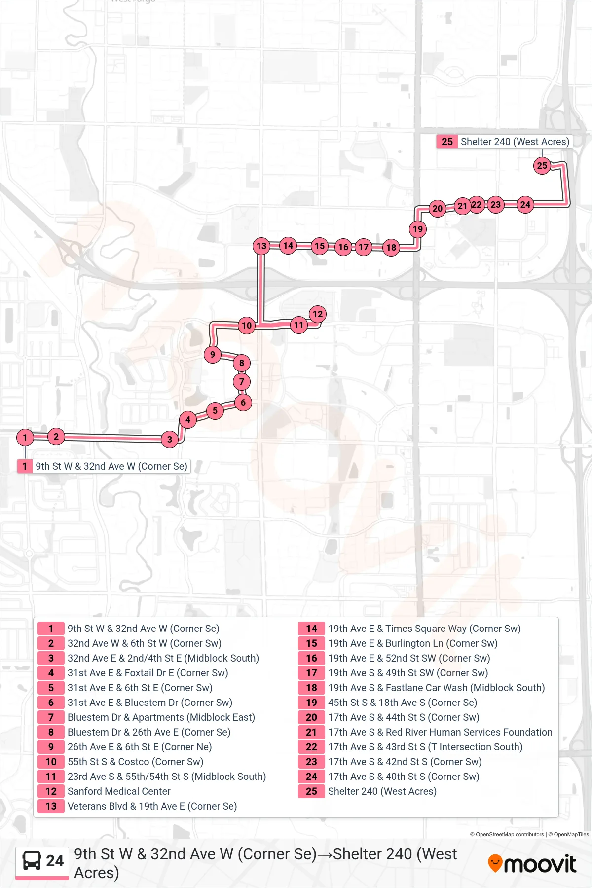 24 bus Line (9th St W & 32nd Ave W (Corner Se)→Shelter 240 (West Acres)) route and stops on a map