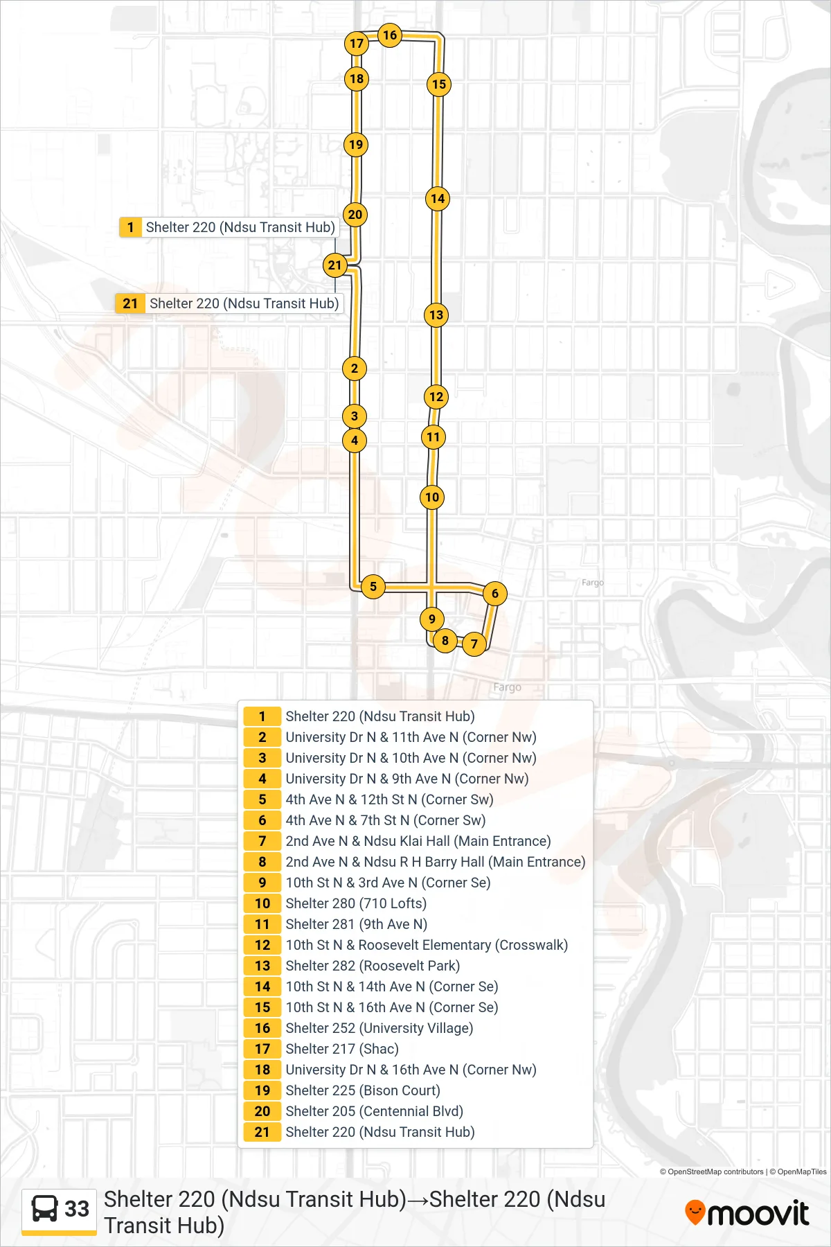 33 bus Line (Shelter 220 (Ndsu Transit Hub)→Shelter 220 (Ndsu Transit Hub)) route and stops on a map