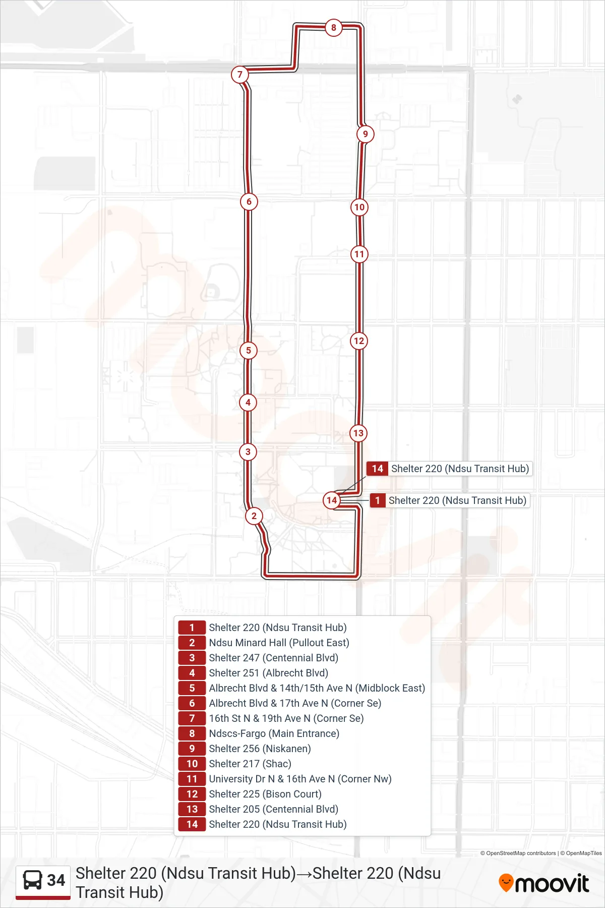 34 bus Line (Shelter 220 (Ndsu Transit Hub)→Shelter 220 (Ndsu Transit Hub)) route and stops on a map
