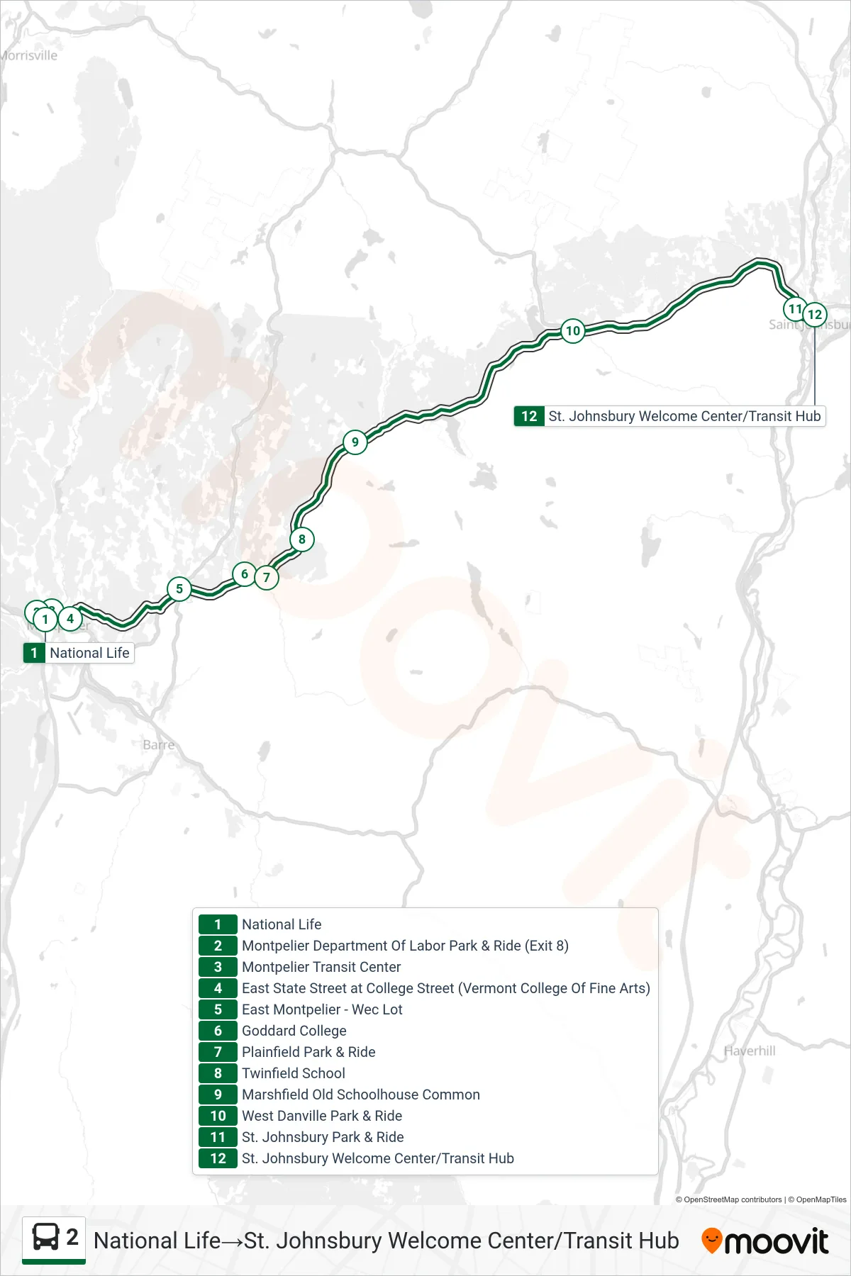 2 bus Line (National Life‎→St. Johnsbury Welcome Center/Transit Hub) route and stops on a map