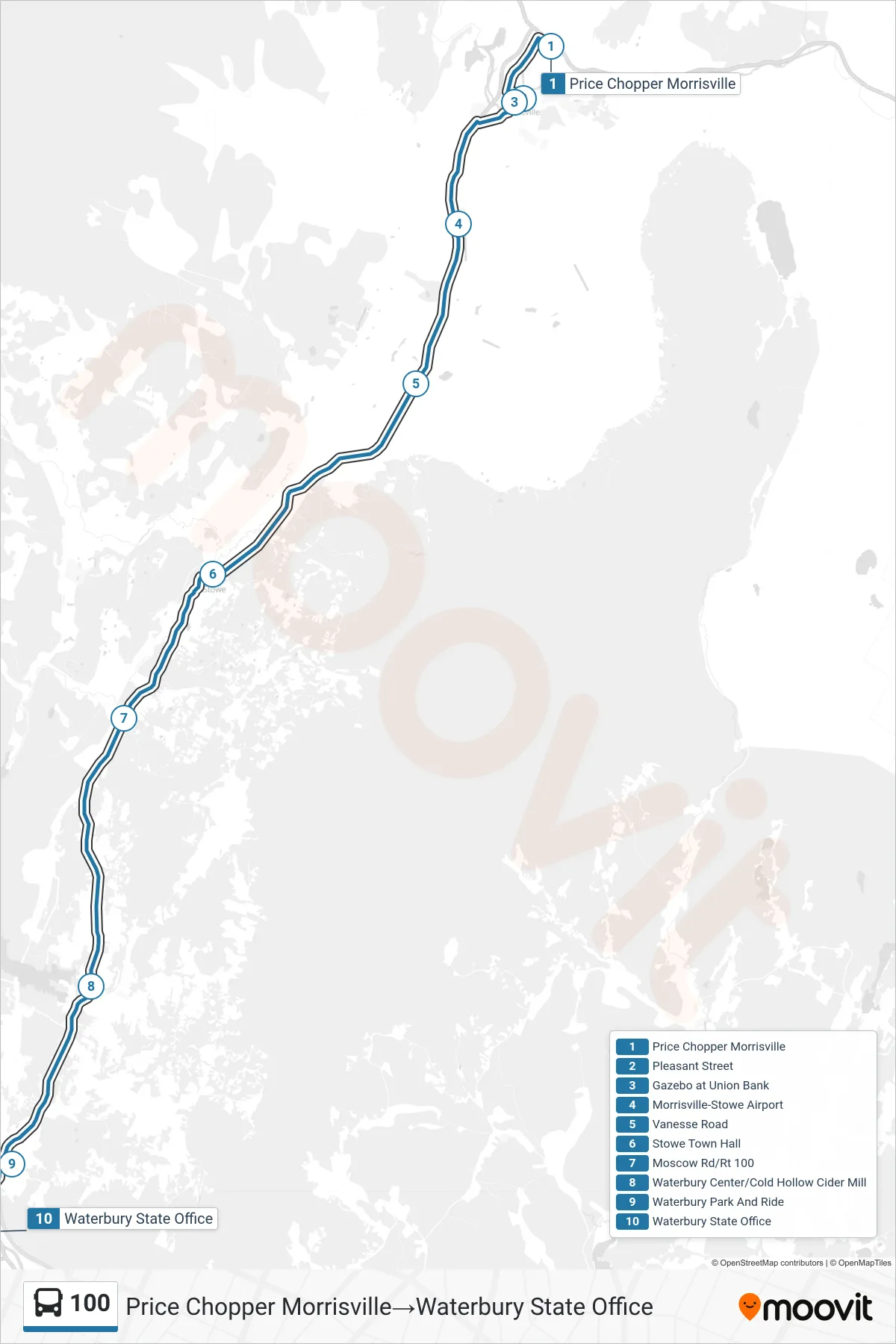 100 bus Line (Price Chopper Morrisville→Waterbury State Office) route and stops on a map